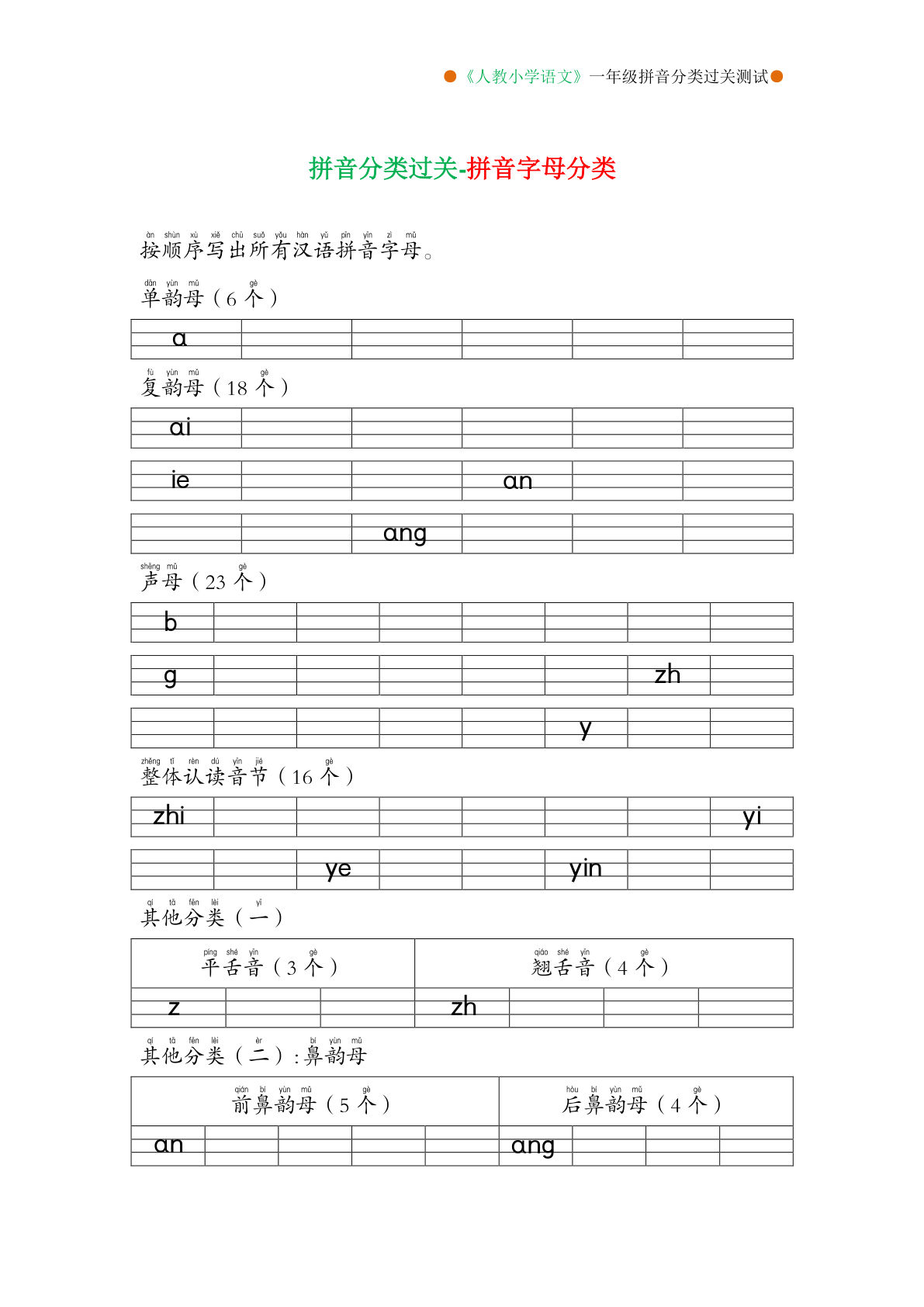 【拼音分类过关测试卷】一年级上册语文