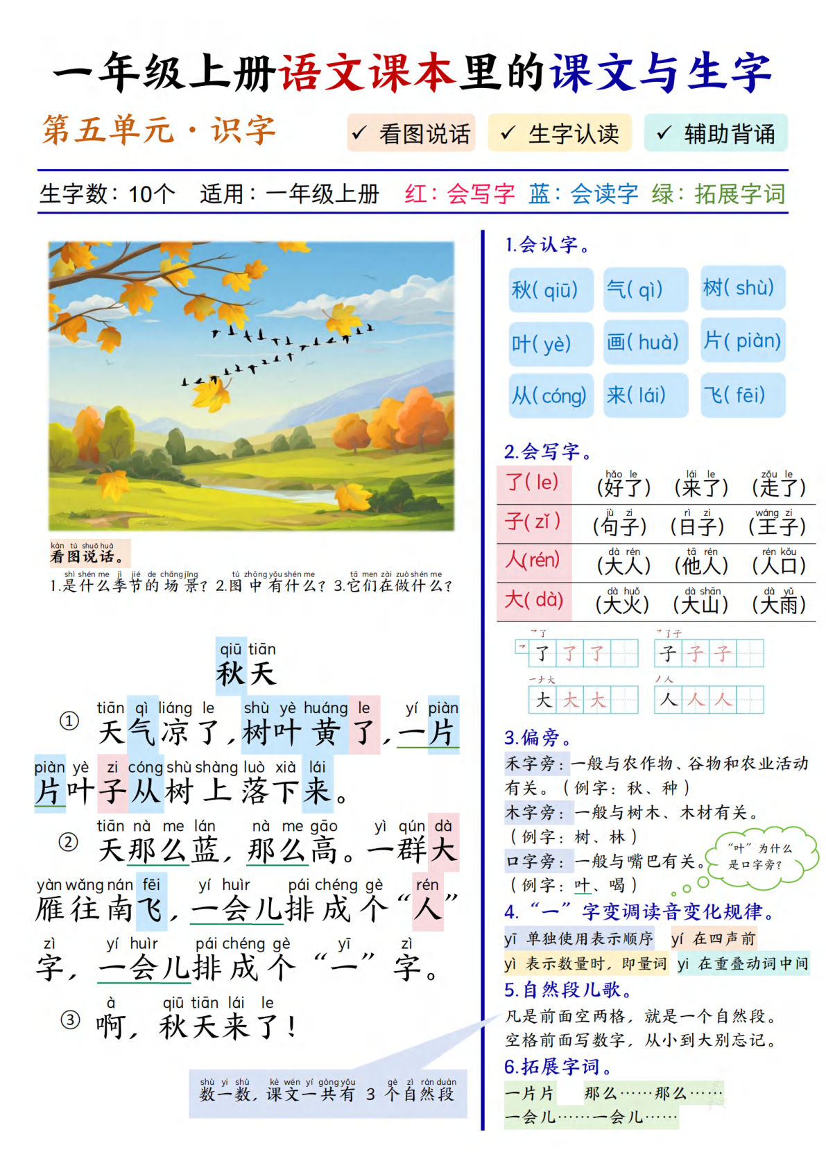 一年级上册语文第五单元课文与生字练习