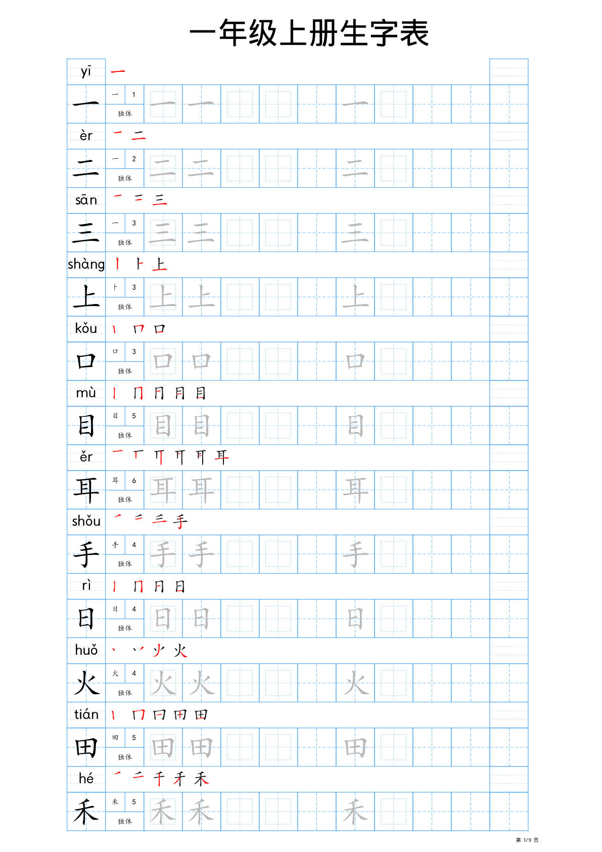 一年级上册语文【25秋新版-生字表字帖-蓝版】