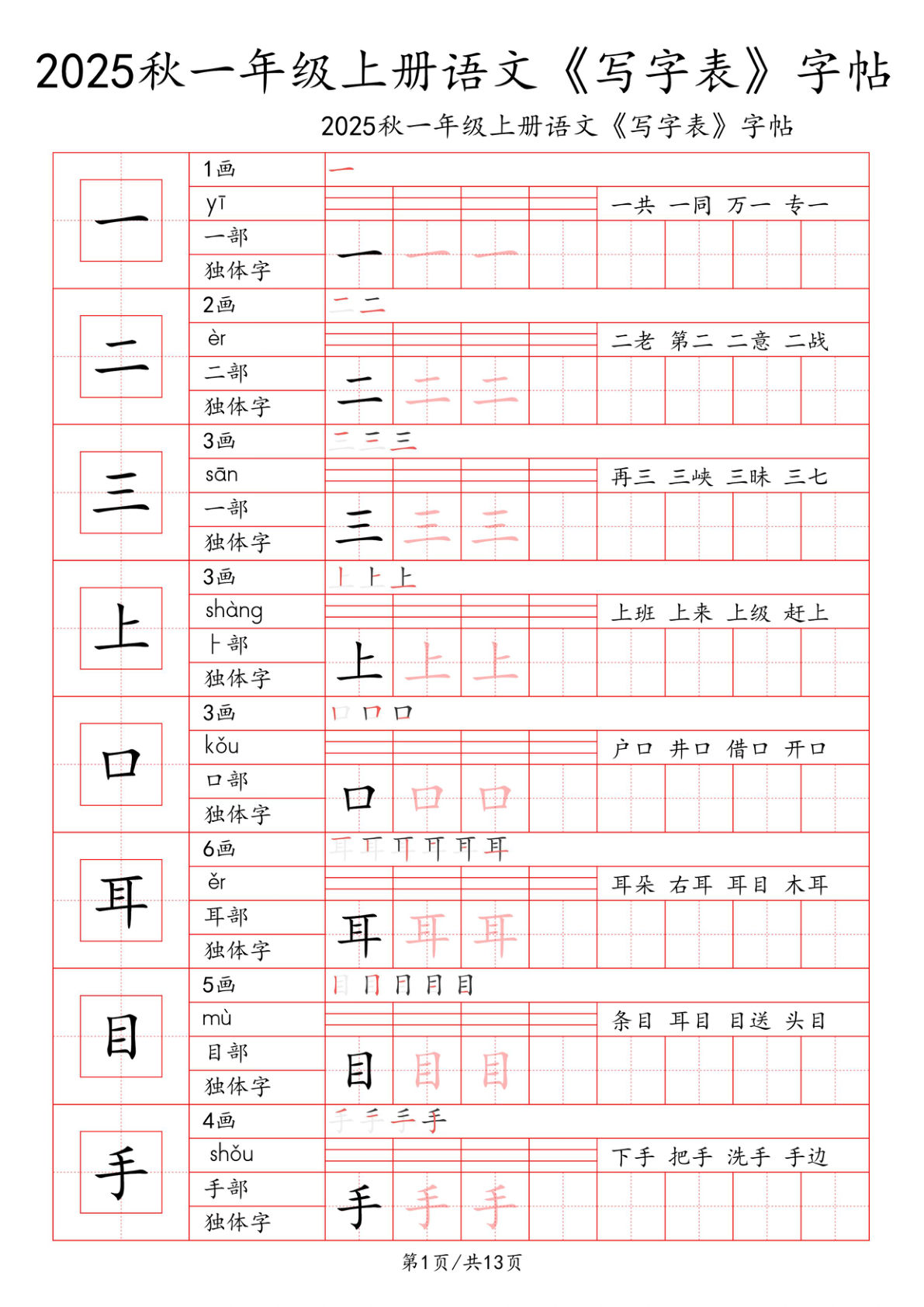 一年级上册语文【2025秋《写字表》一类字字帖】