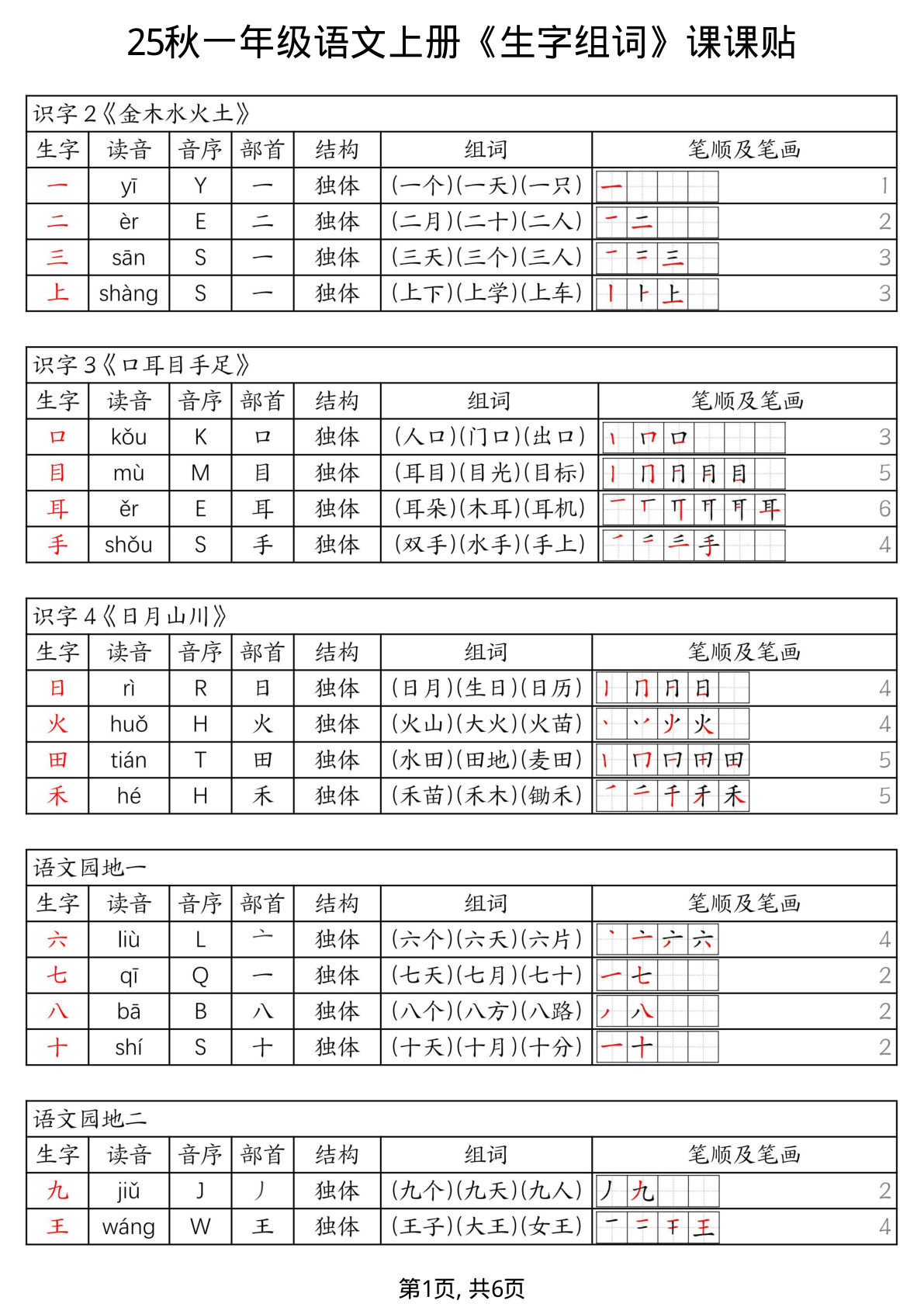 一年级上册语文【25秋《生字组词》课课贴】