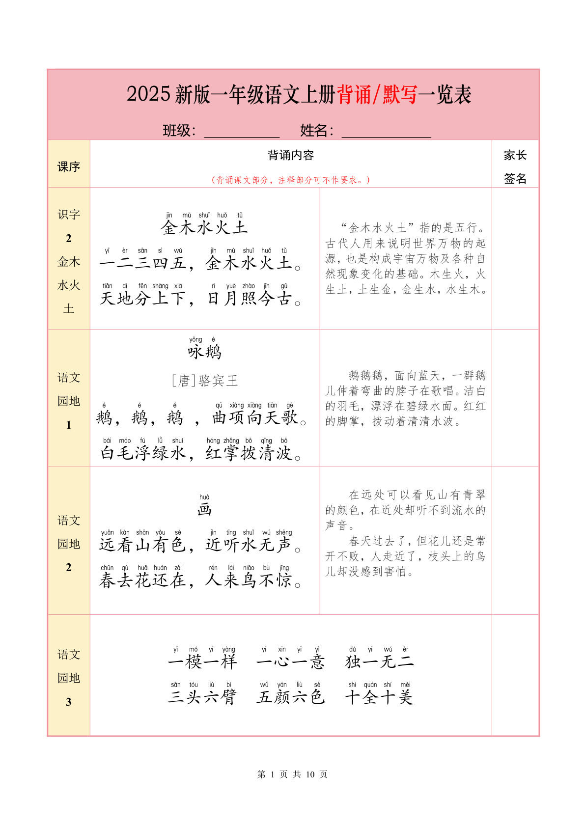 一年级上册语文【25秋-必背内容+默写表】
