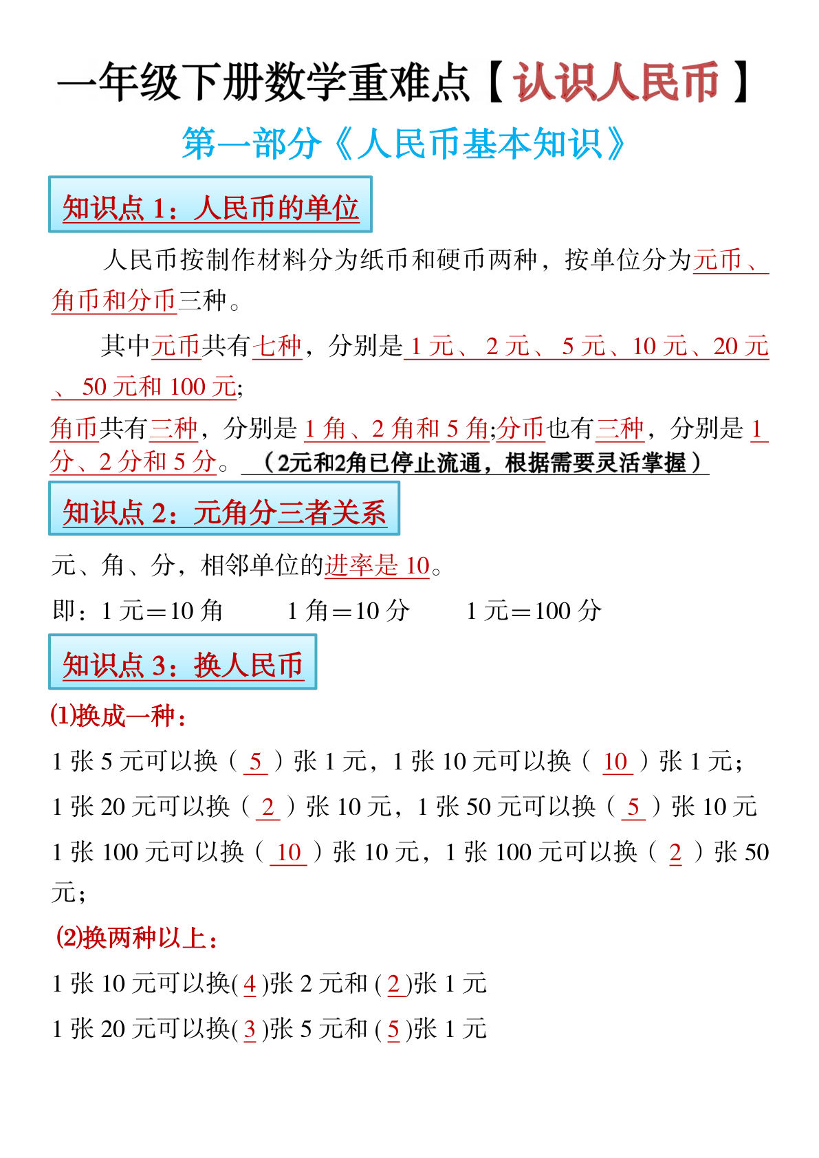 一年级下册数学【认识人民币（精讲+练习）】