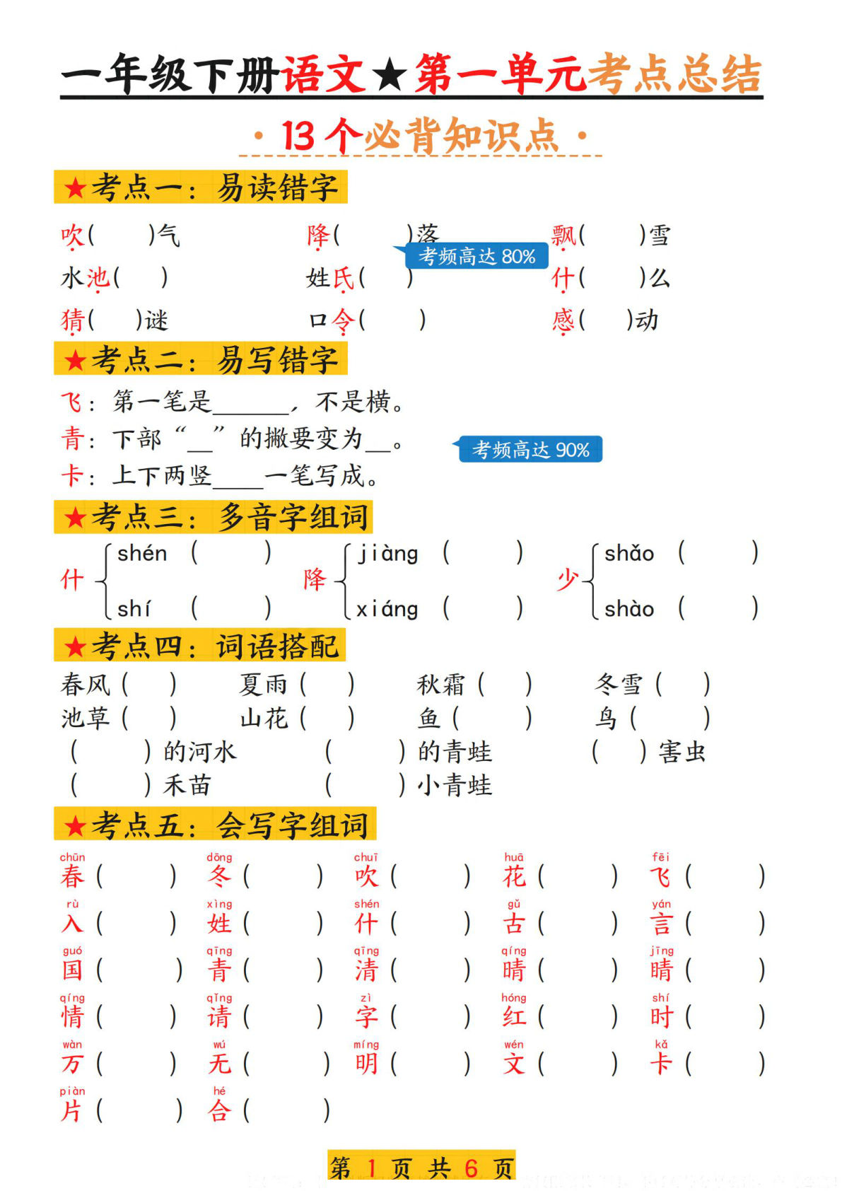 新一年级下册语文第一单元考点总结空白+答案6页