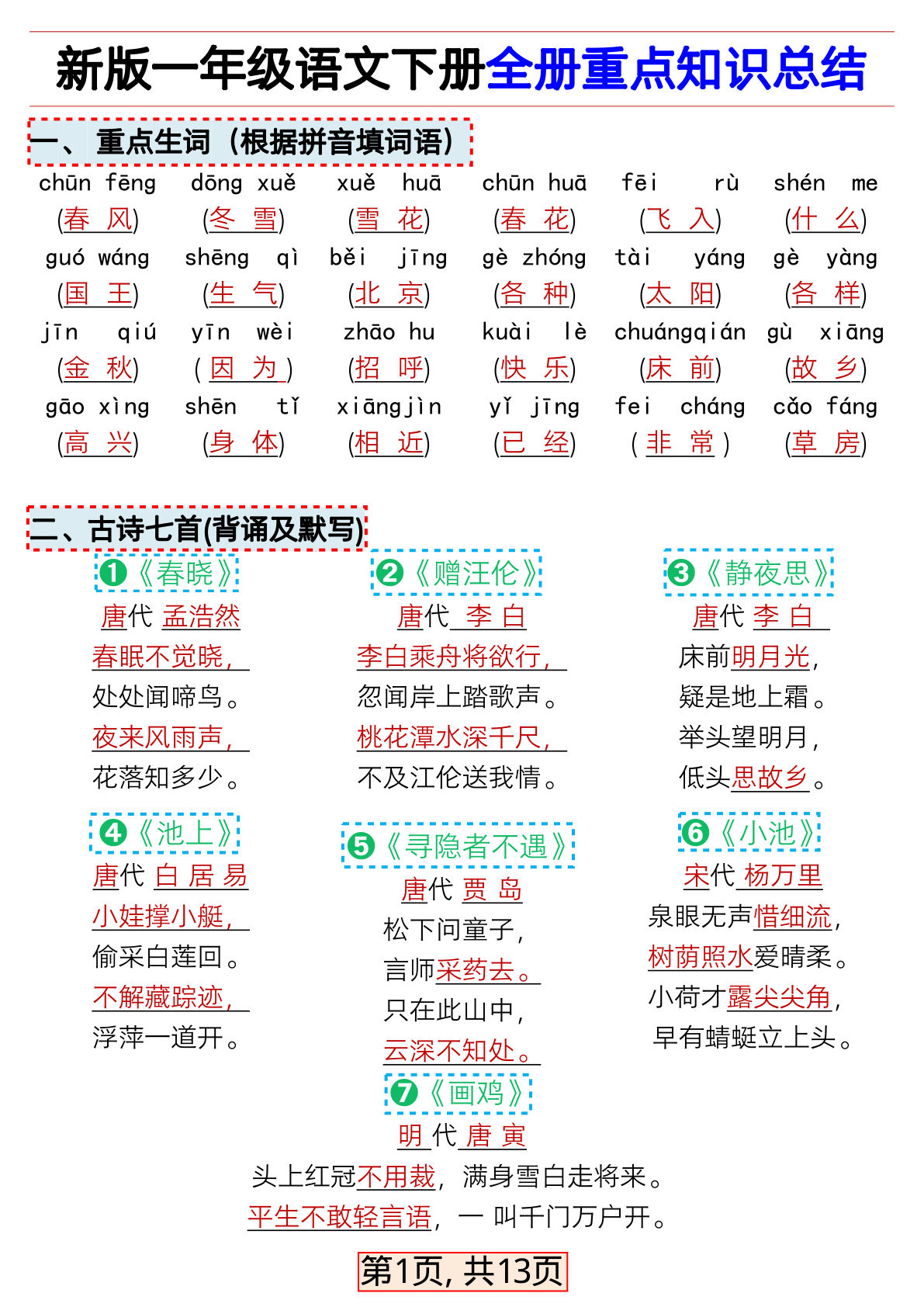 一年级下册语文全册重点知识总结（后面是空白版练习）