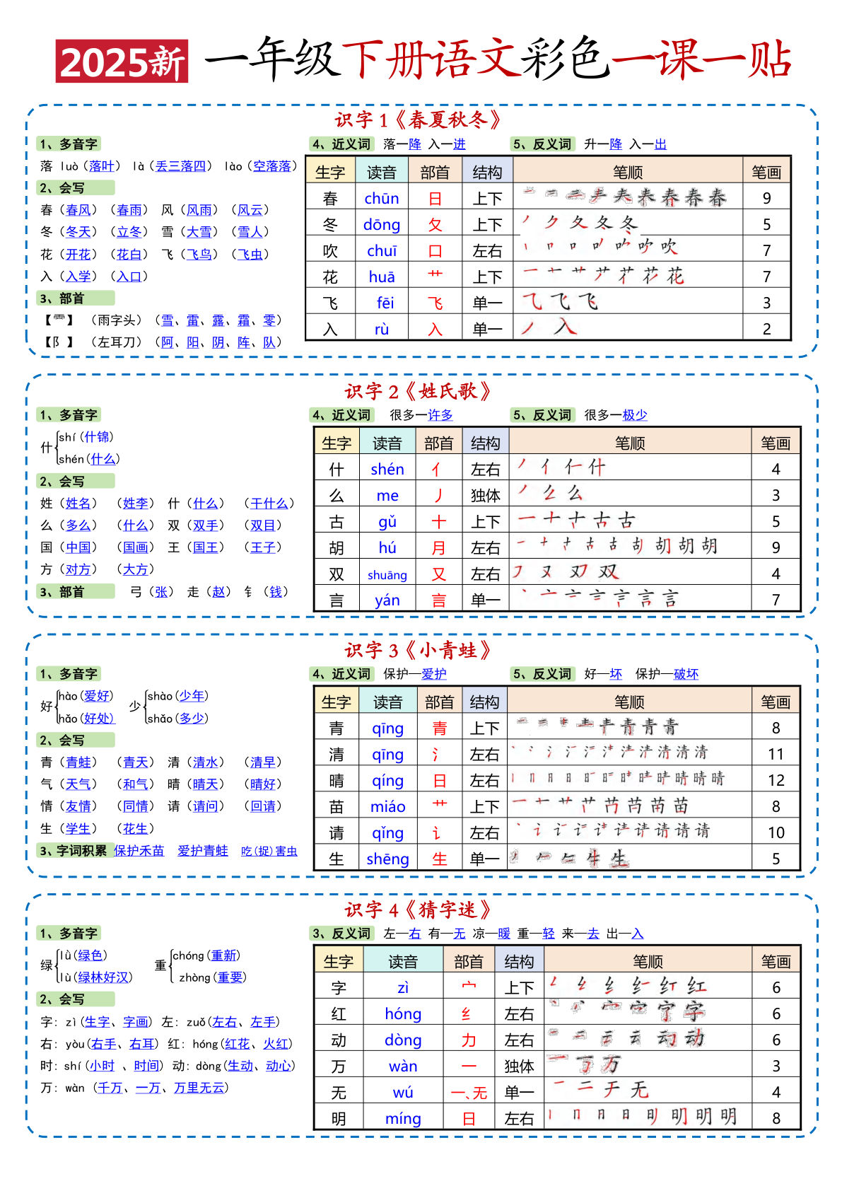 【2025新彩色一课一贴】一年级下册语文