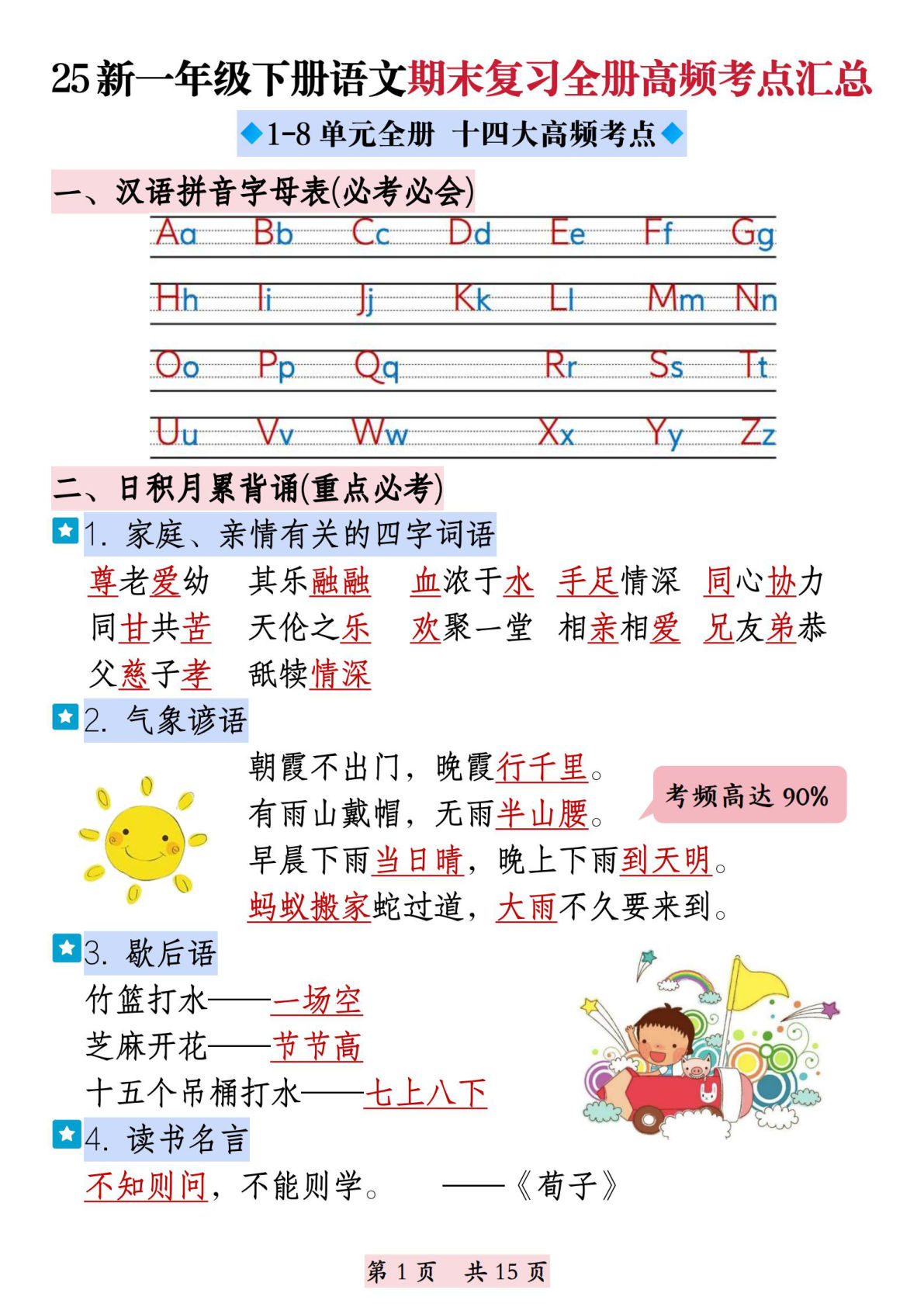【25新-期末复习全册高频考点汇总（十四大高频考点）15页】一年级下册语文
