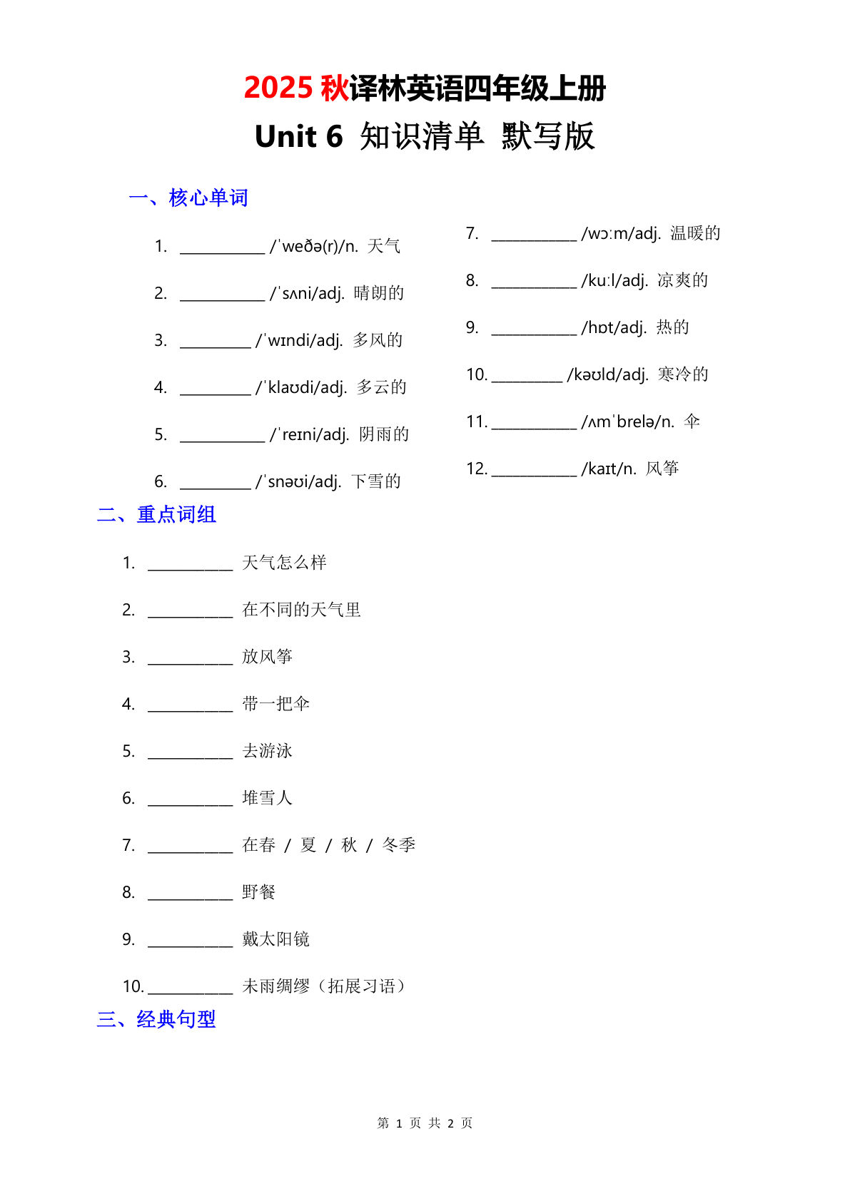 四年级上册译林版英语【2025秋-Unit 6 知识清单-默写版】