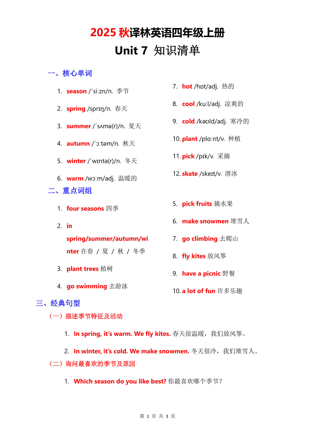 四年级上册译林版英语【2025秋-Unit 7 知识清单】