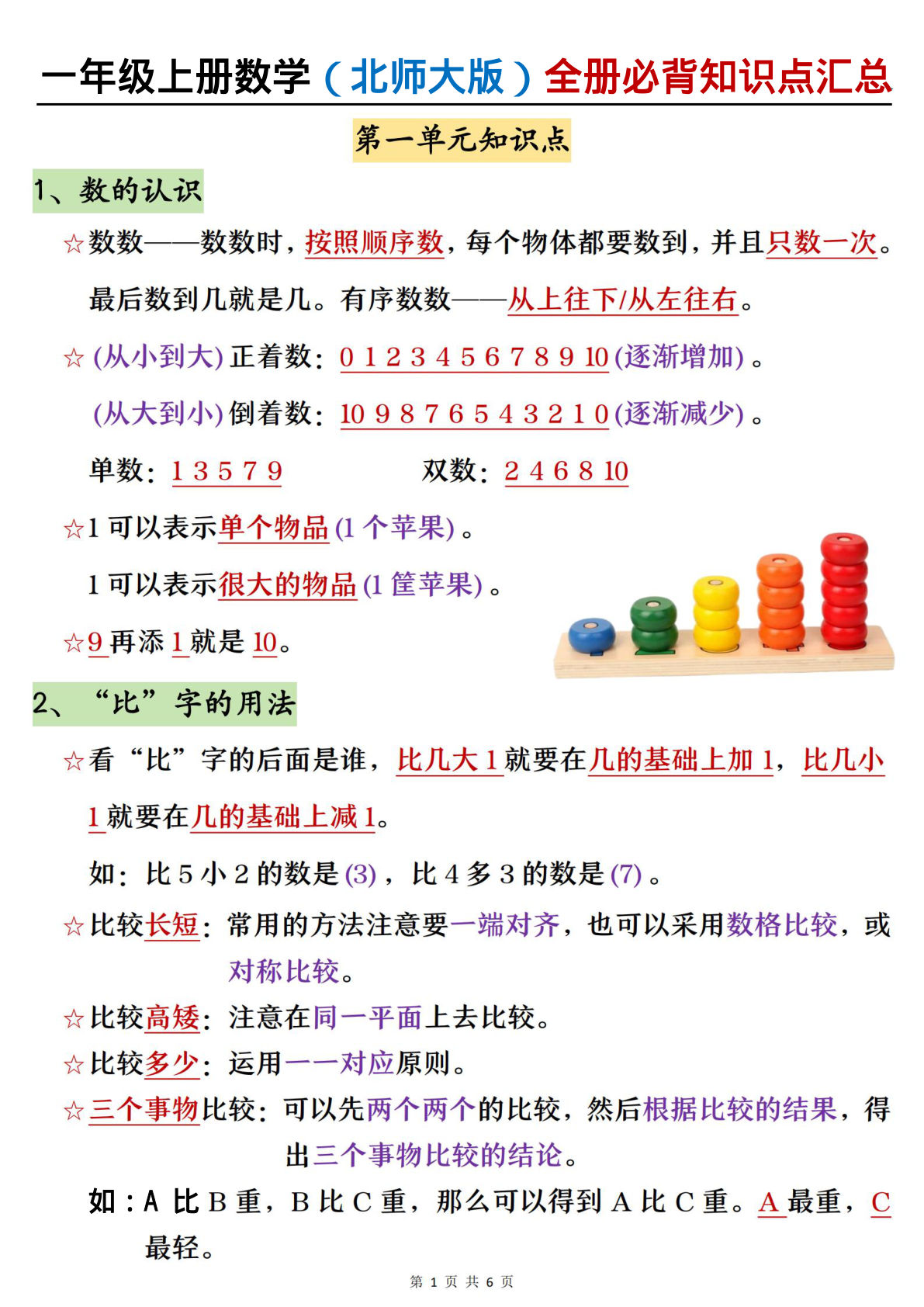 一年级上册北师大版数学【必背知识点汇总】