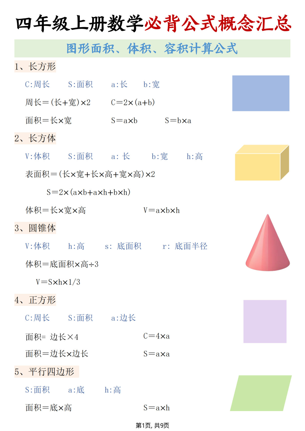 四年级上册数学必背知识点汇总（9页）