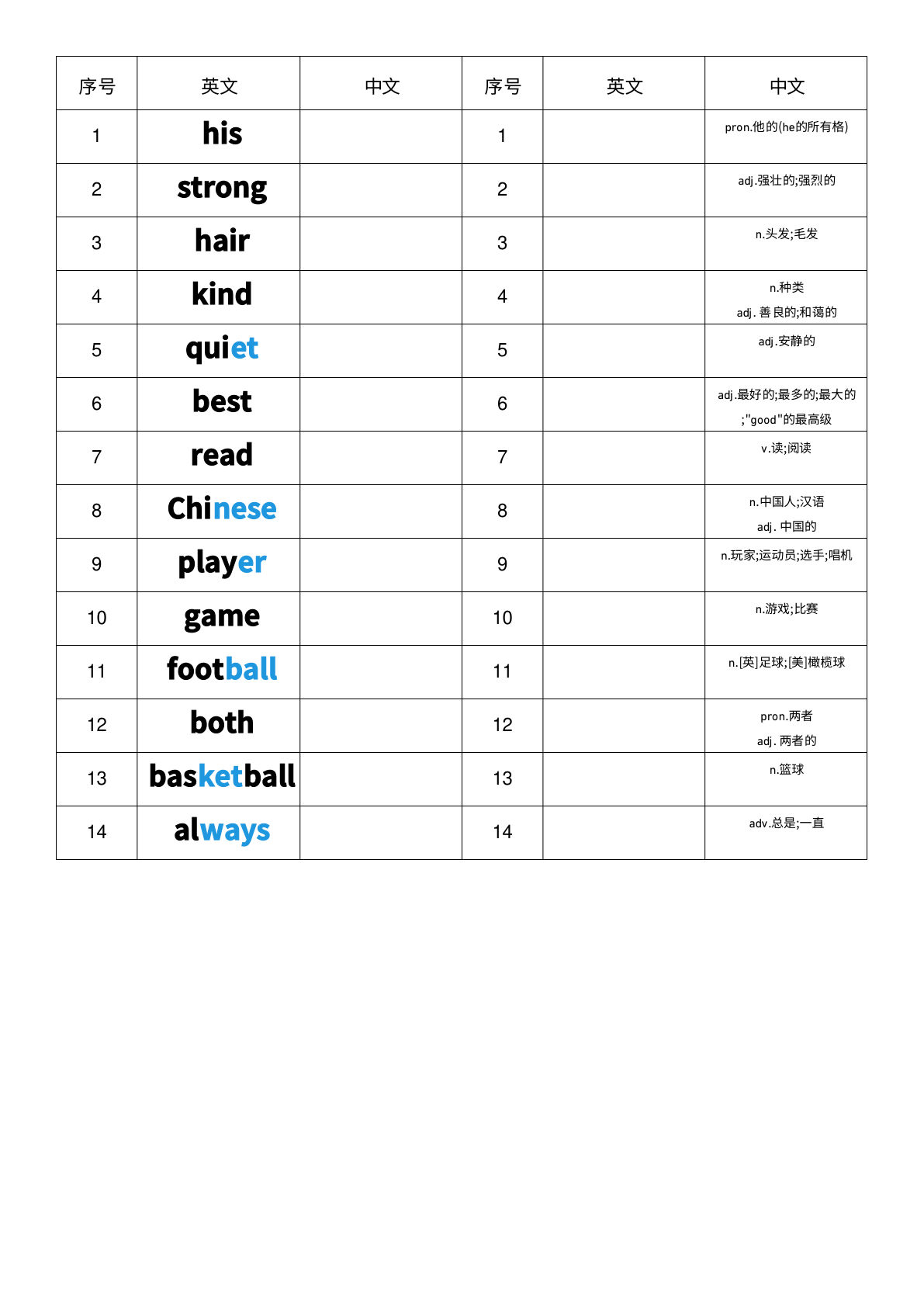 四年级上册人教PEP版英语【Unit2-英汉互译小纸条】