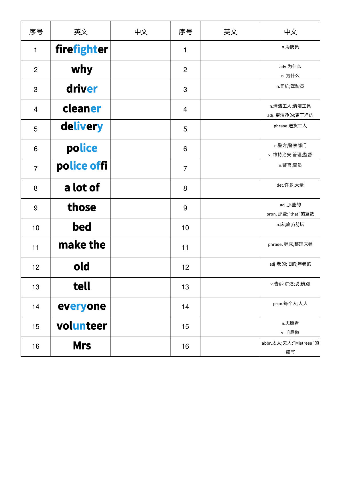 四年级上册人教PEP版英语【Unit4-英汉互译小纸条】