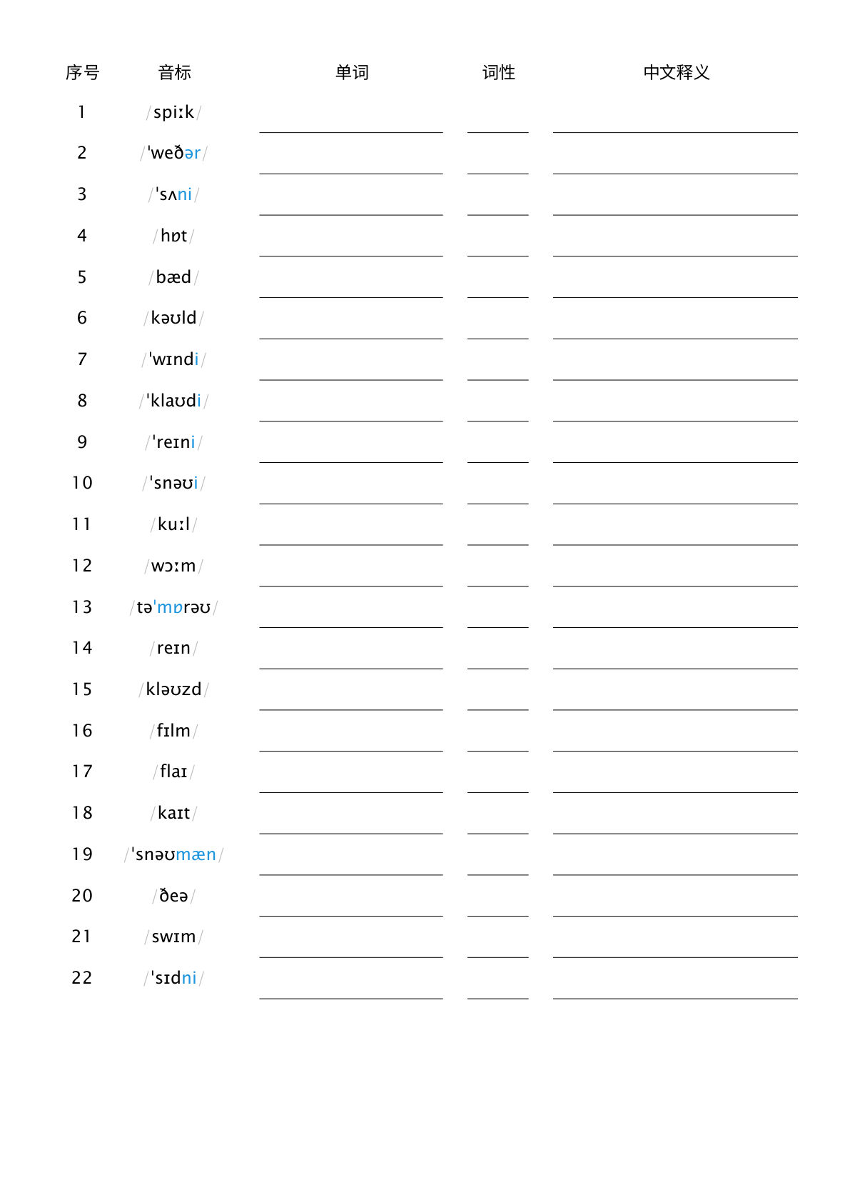 四年级上册人教PEP版英语【Unit5-看音标默写单词】