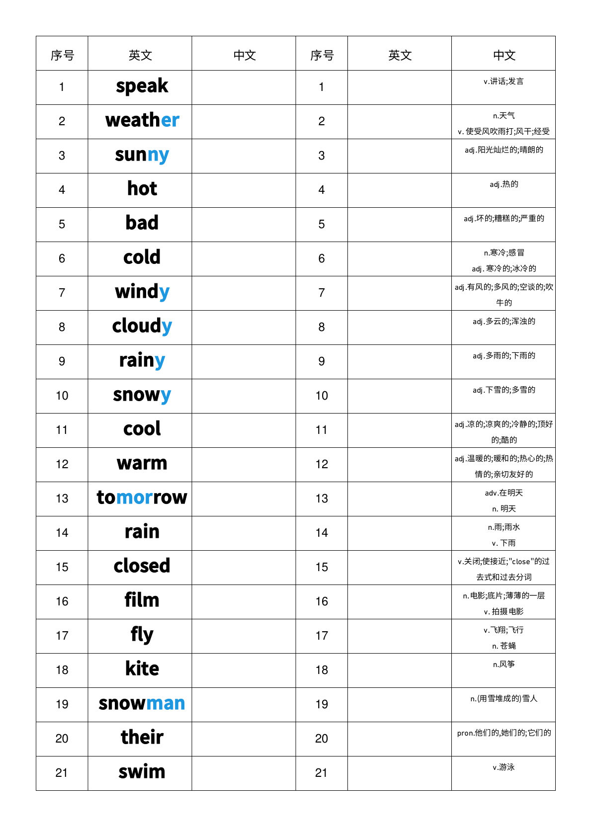 四年级上册人教PEP版英语【Unit5-英汉互译小纸条】