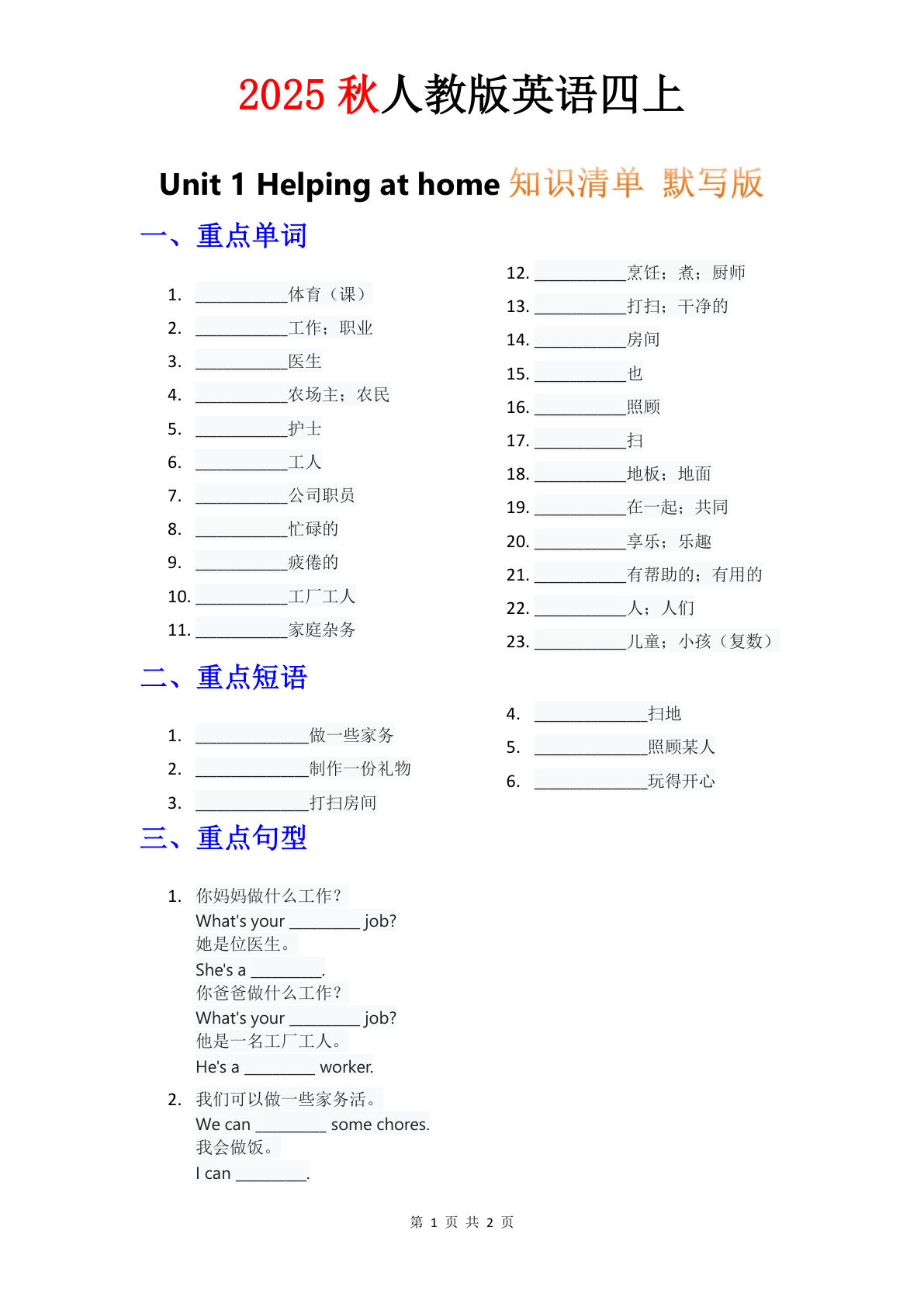 四年级上册人教PEP版英语【知识清单 Unit 1 默写版】