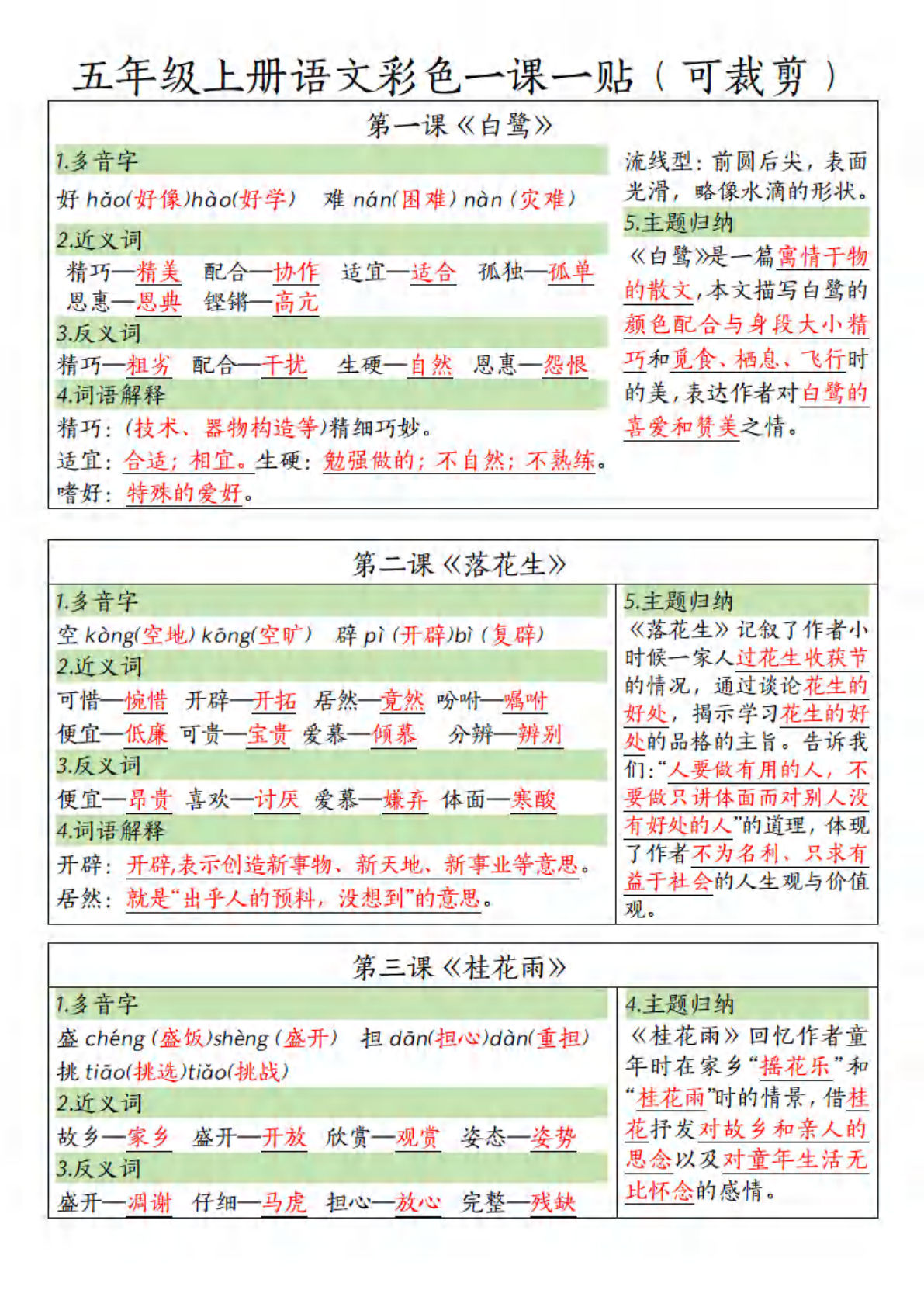 五年级上册语文彩色一课一贴9页