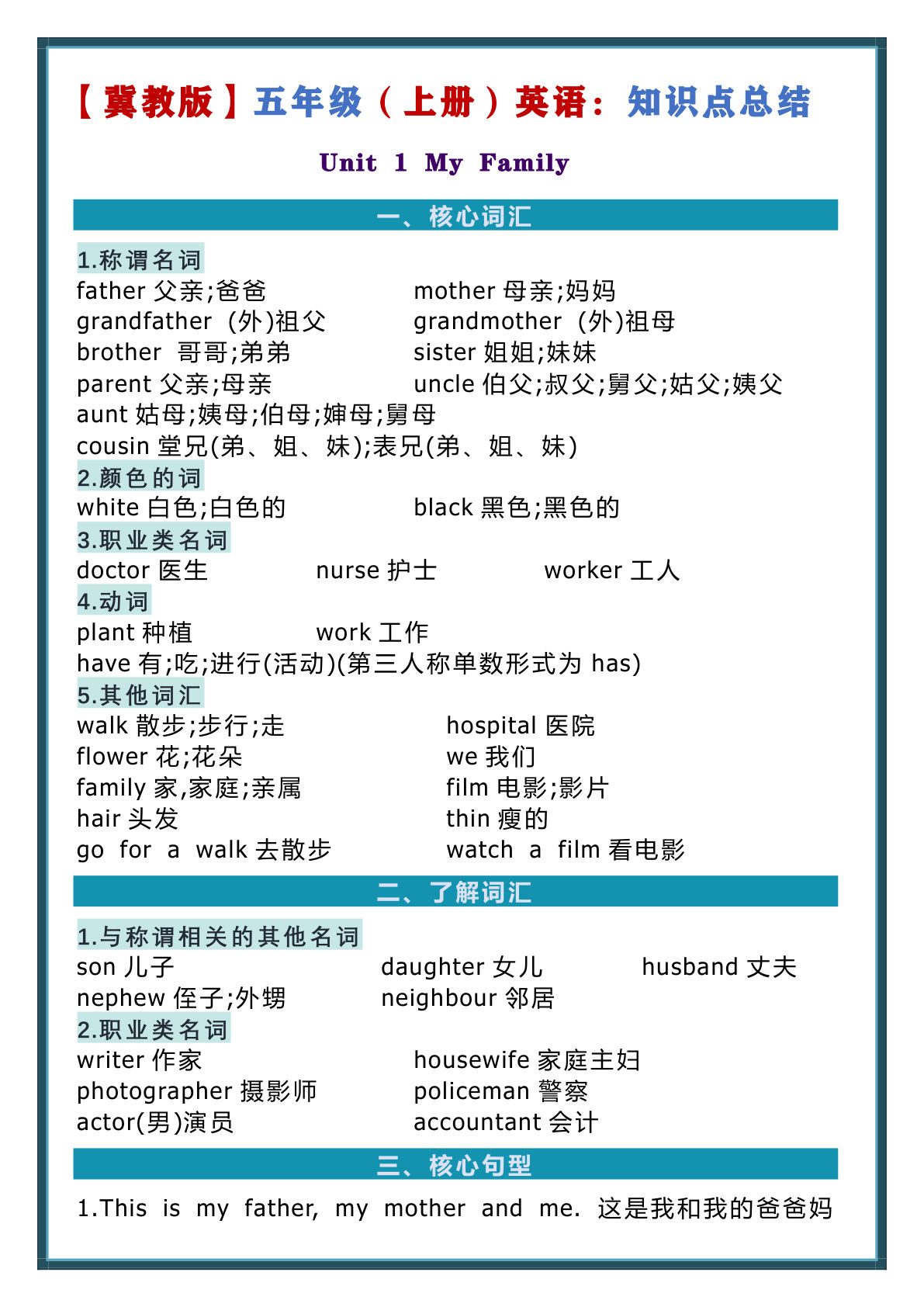 五年级上册冀教版英语【知识点总结】