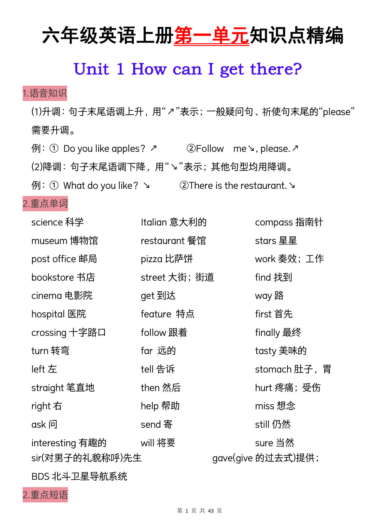 六年级上册人教PEP版英语【1-6单元知识点精编】