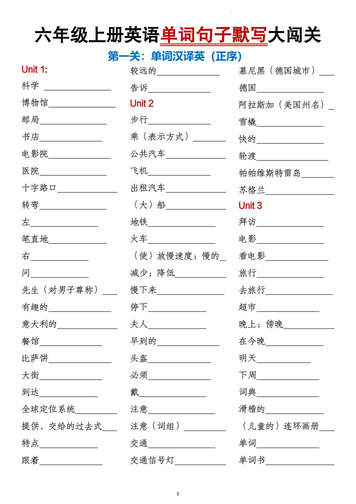 六年级上册人教PEP版英语【单词句子默写大闯关】