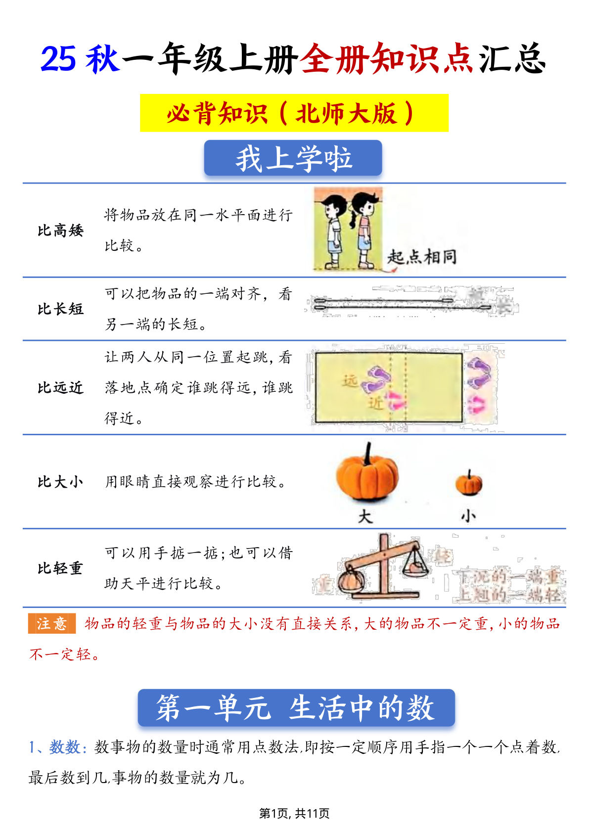 一年级上册北师大版数学【25秋-全册知识点汇总】