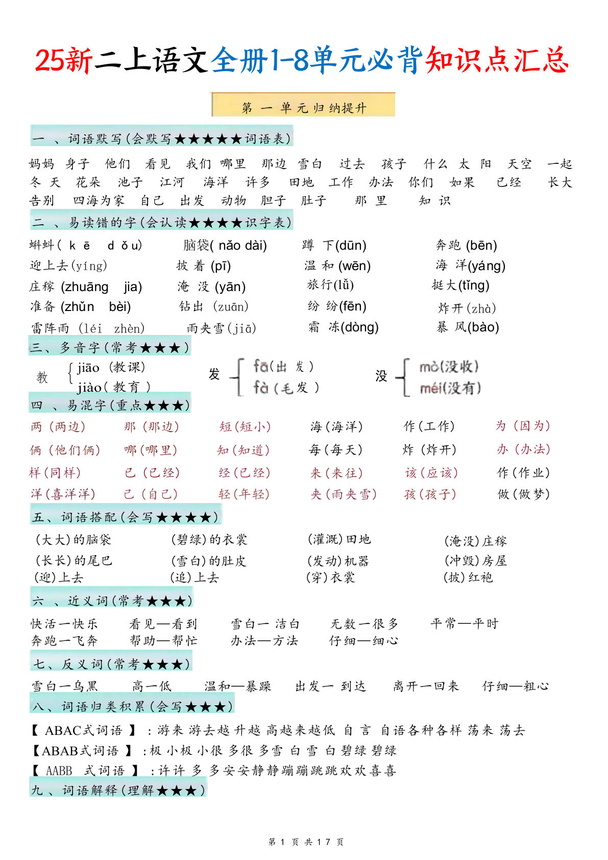 【25新二年级上册语文1-8单元必背知识点汇总（17页）