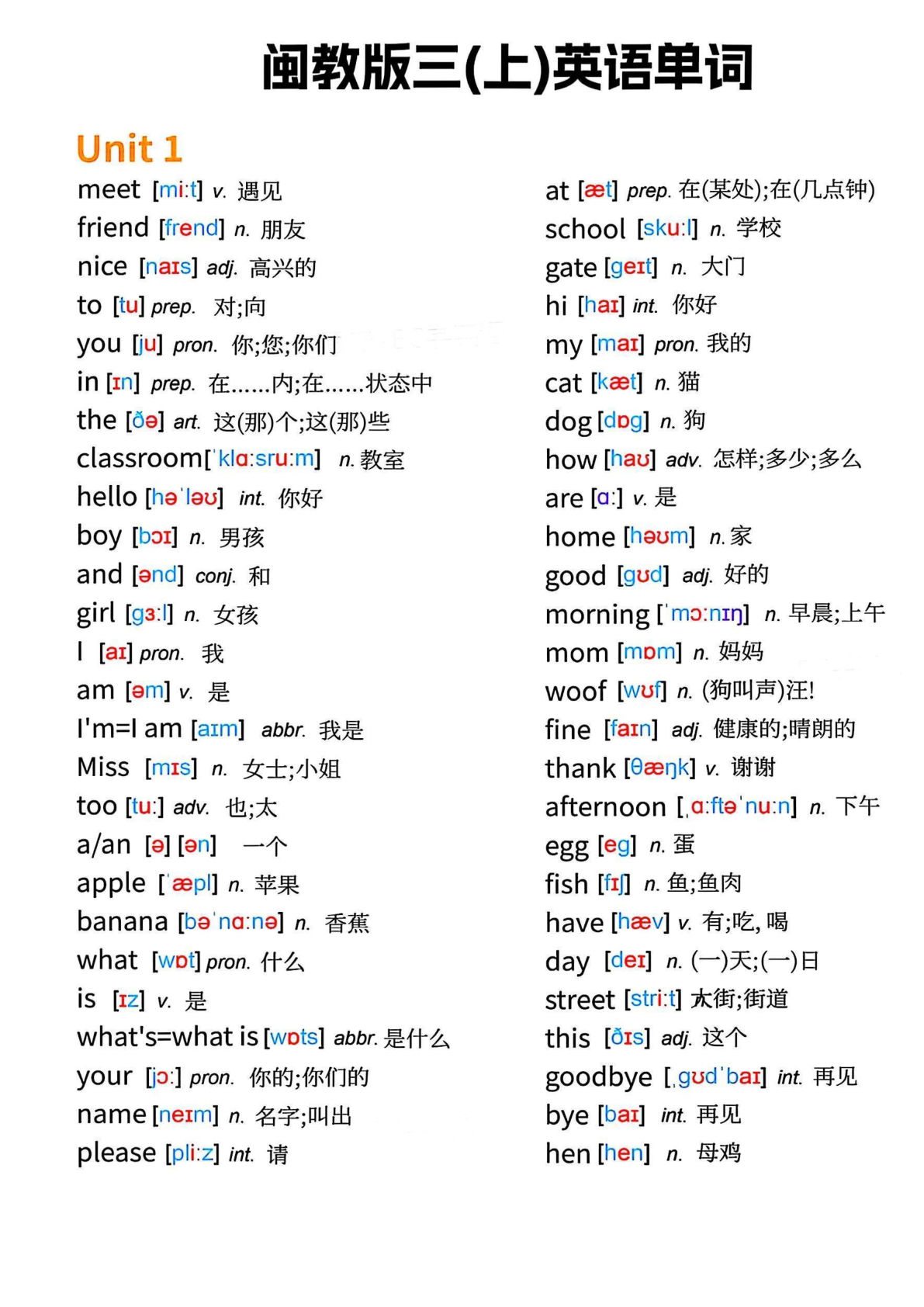 三年级上册闽教版英语【单词表拼读】