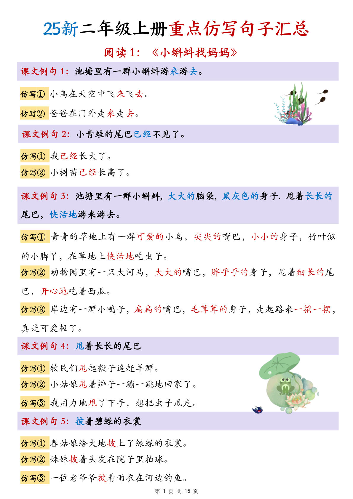 【25新二年级上册语文1-8单元重点仿写句子汇总(15页)