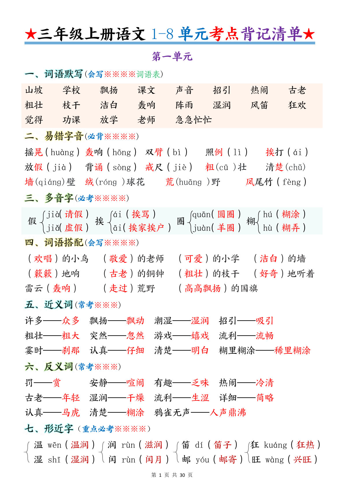 三年级上册语文【25秋-1-8单元考点背记】