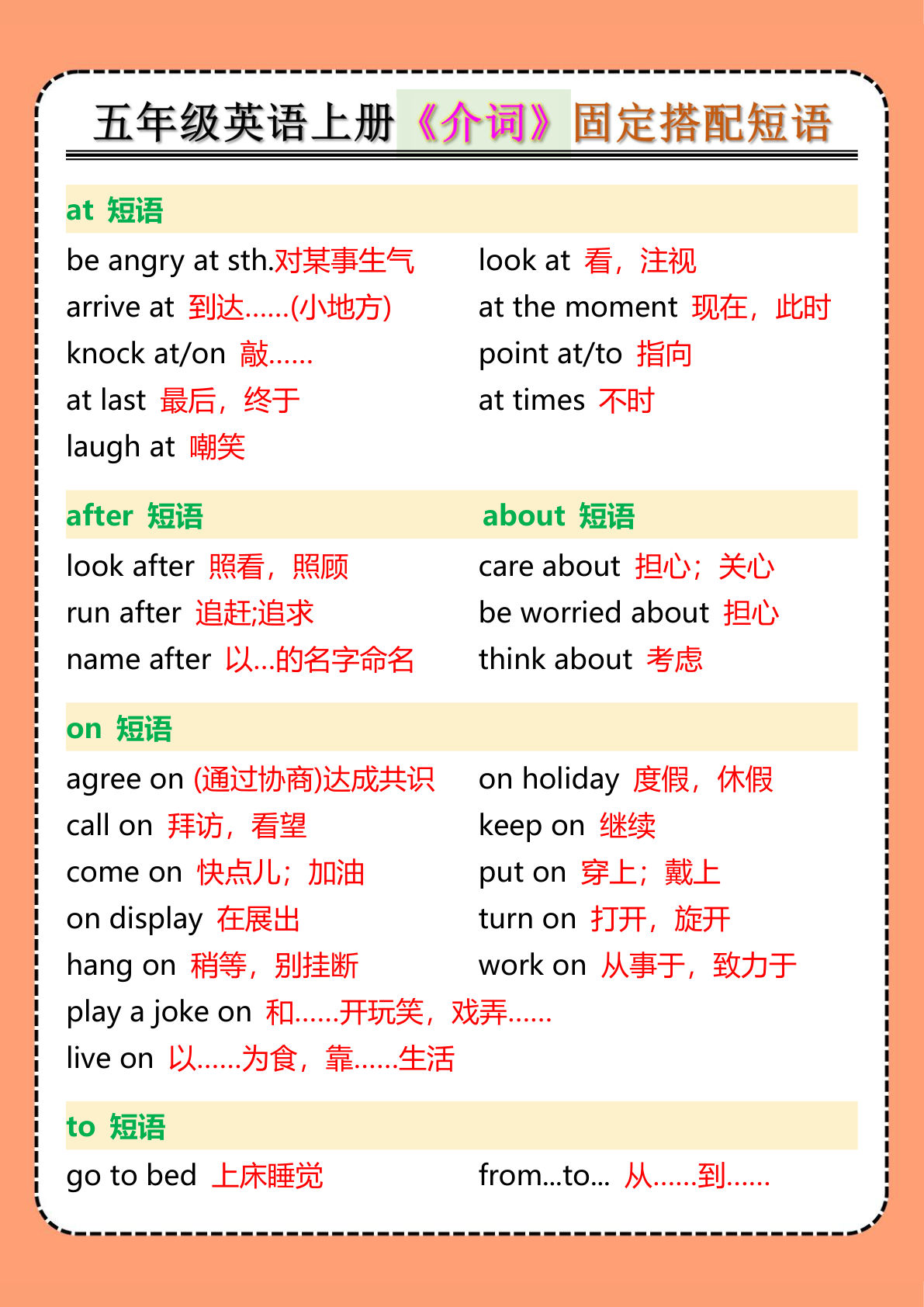 五年级上册英语册《介词》固定搭配短语