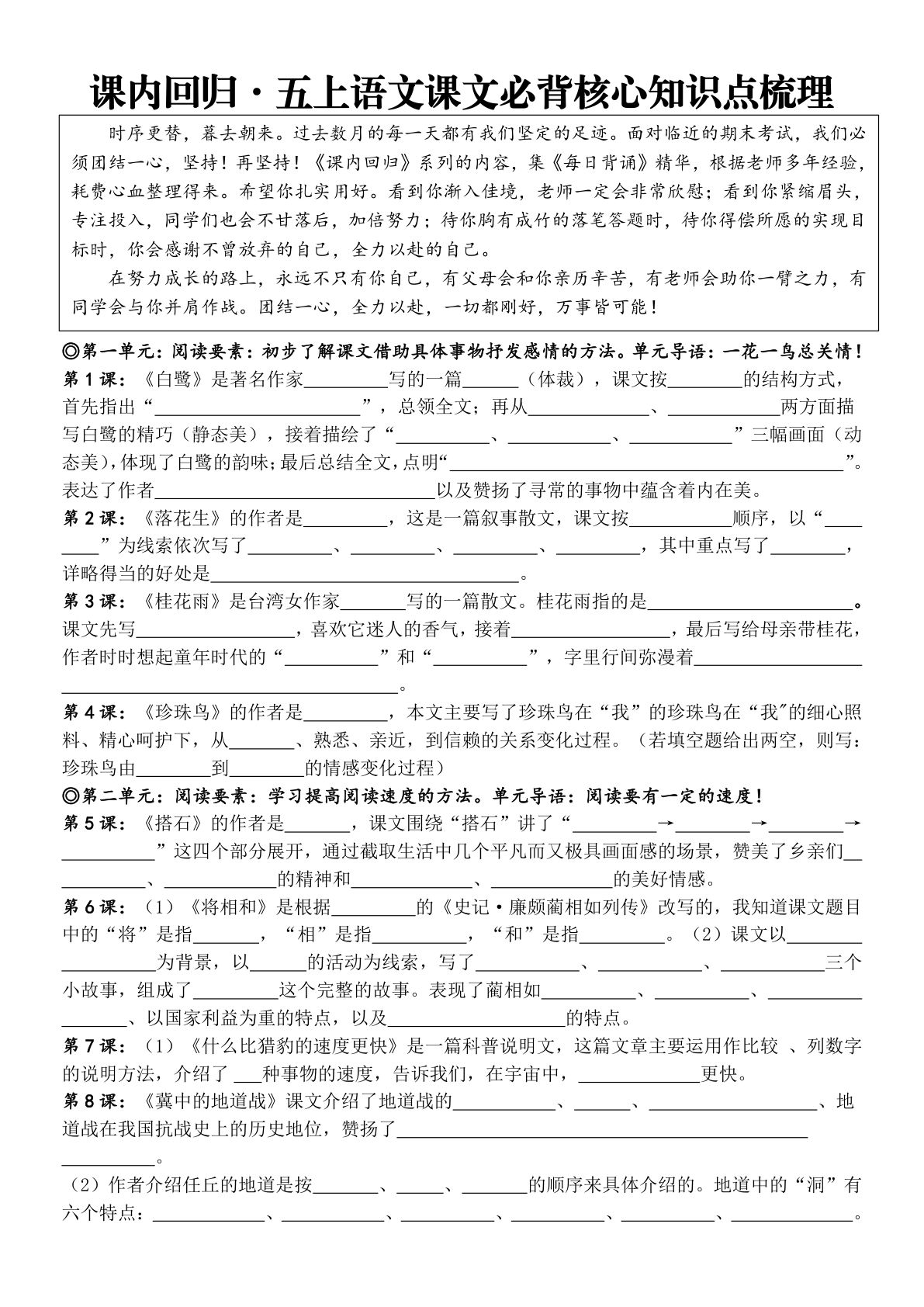 课内回归?五年级上册语文课文必背核心知识点梳理【A4空白】