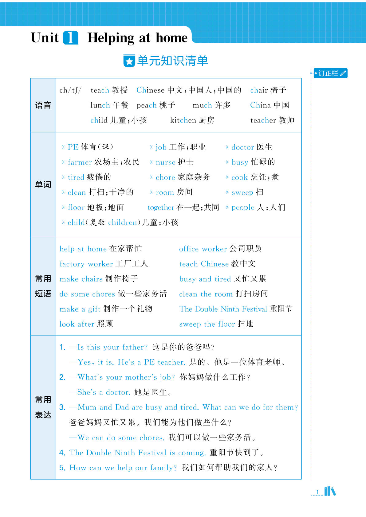 四年级上册英语第一单元基础知识默写单《PEP版》