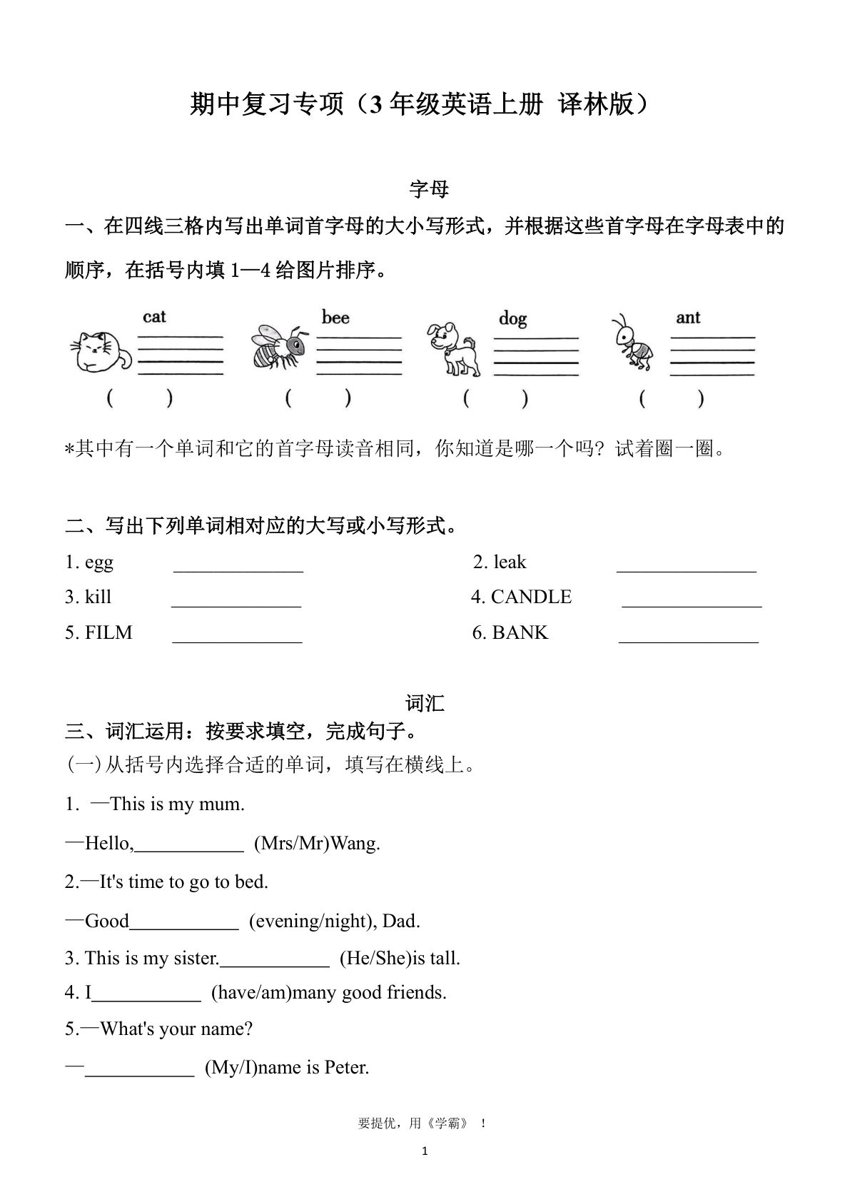 三年级上册泽林版英语【期中复习专项】