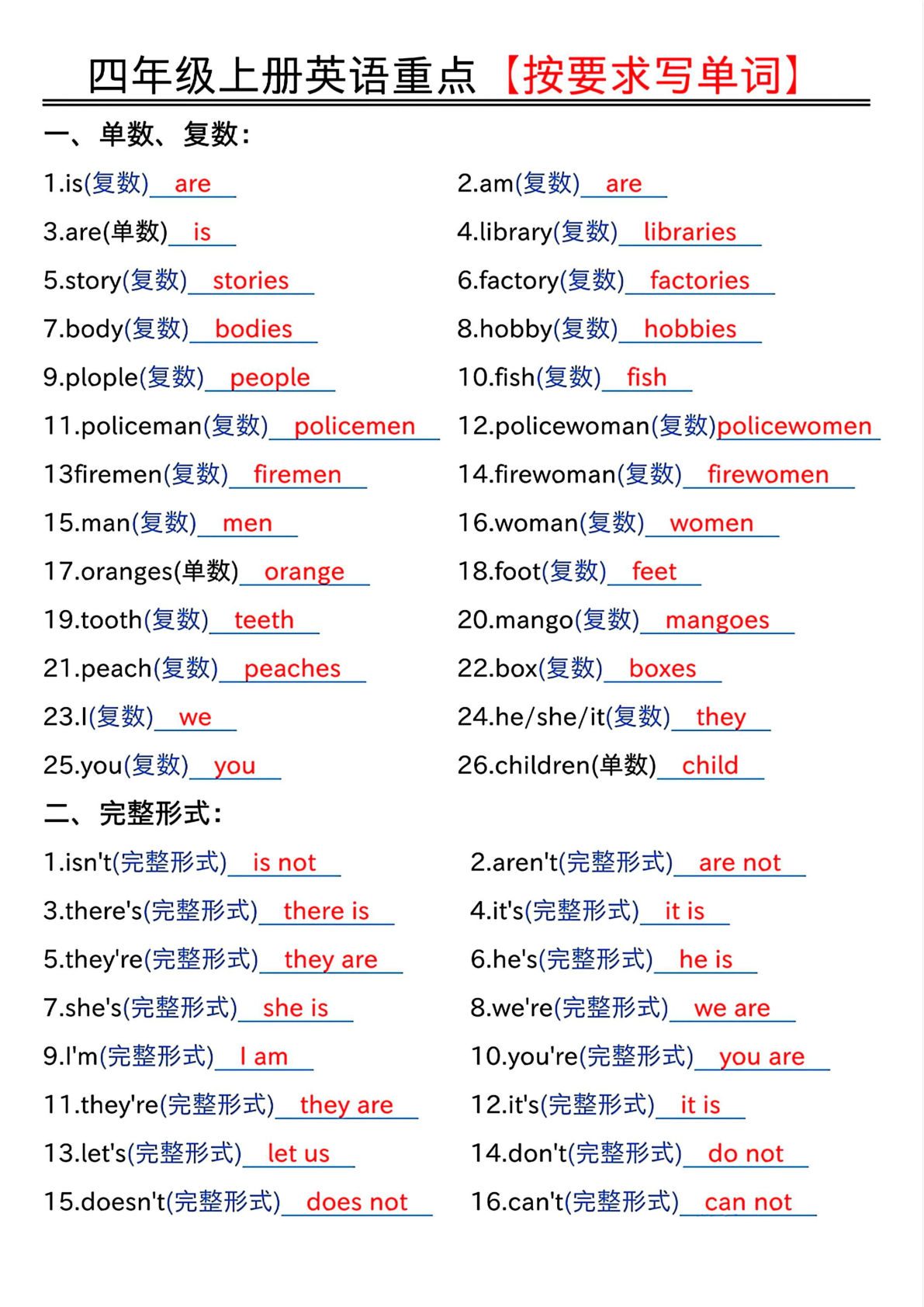 四年级上册人教PEP版英语重点按要求写单词（答案）