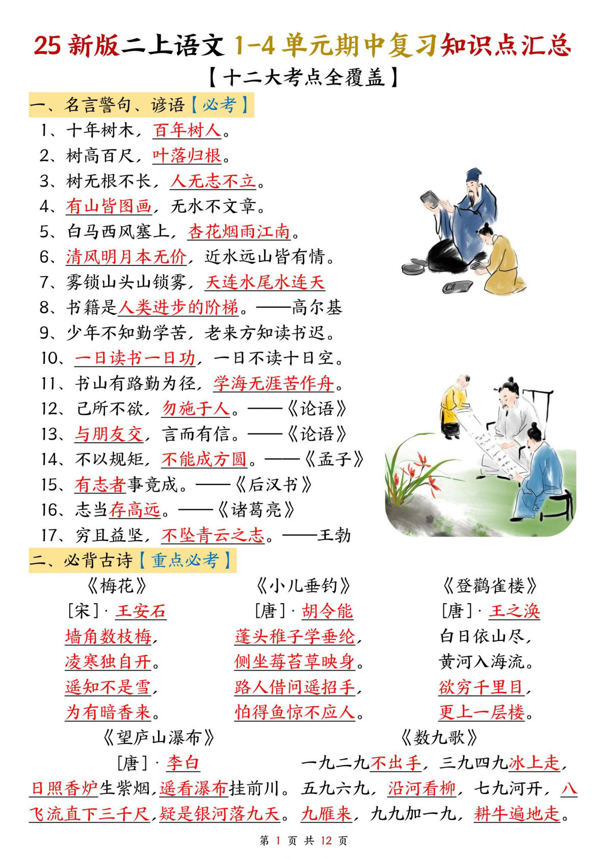 【25新二年级上册语文1-4单元期中复习知识点汇总（十二大考点）12页