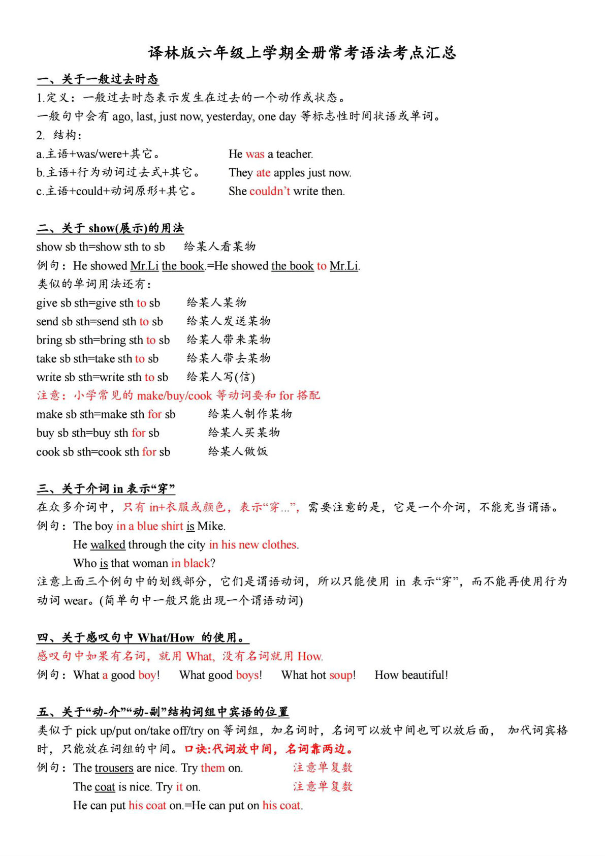 六上册译林版六年级上学期全册常考语法考点汇总