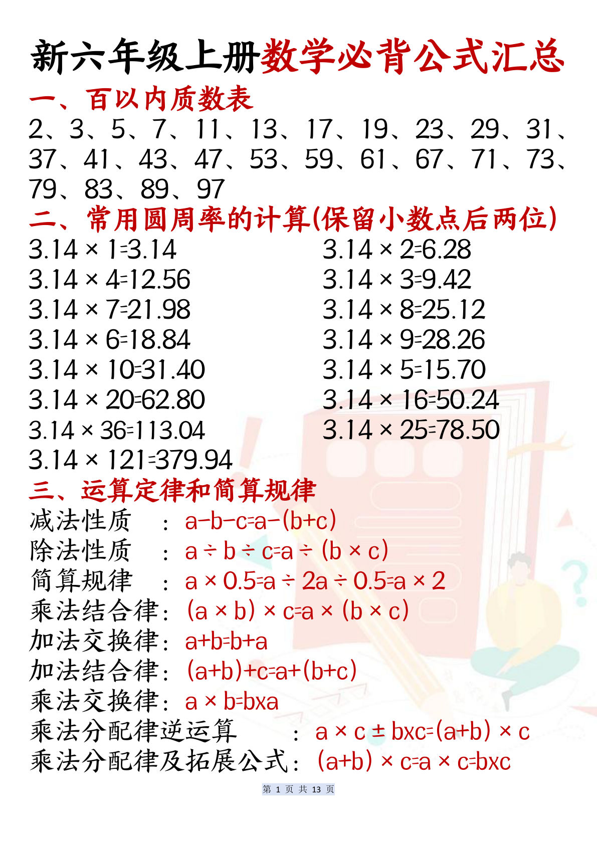 六年级上册数学必背公式汇总(13页)