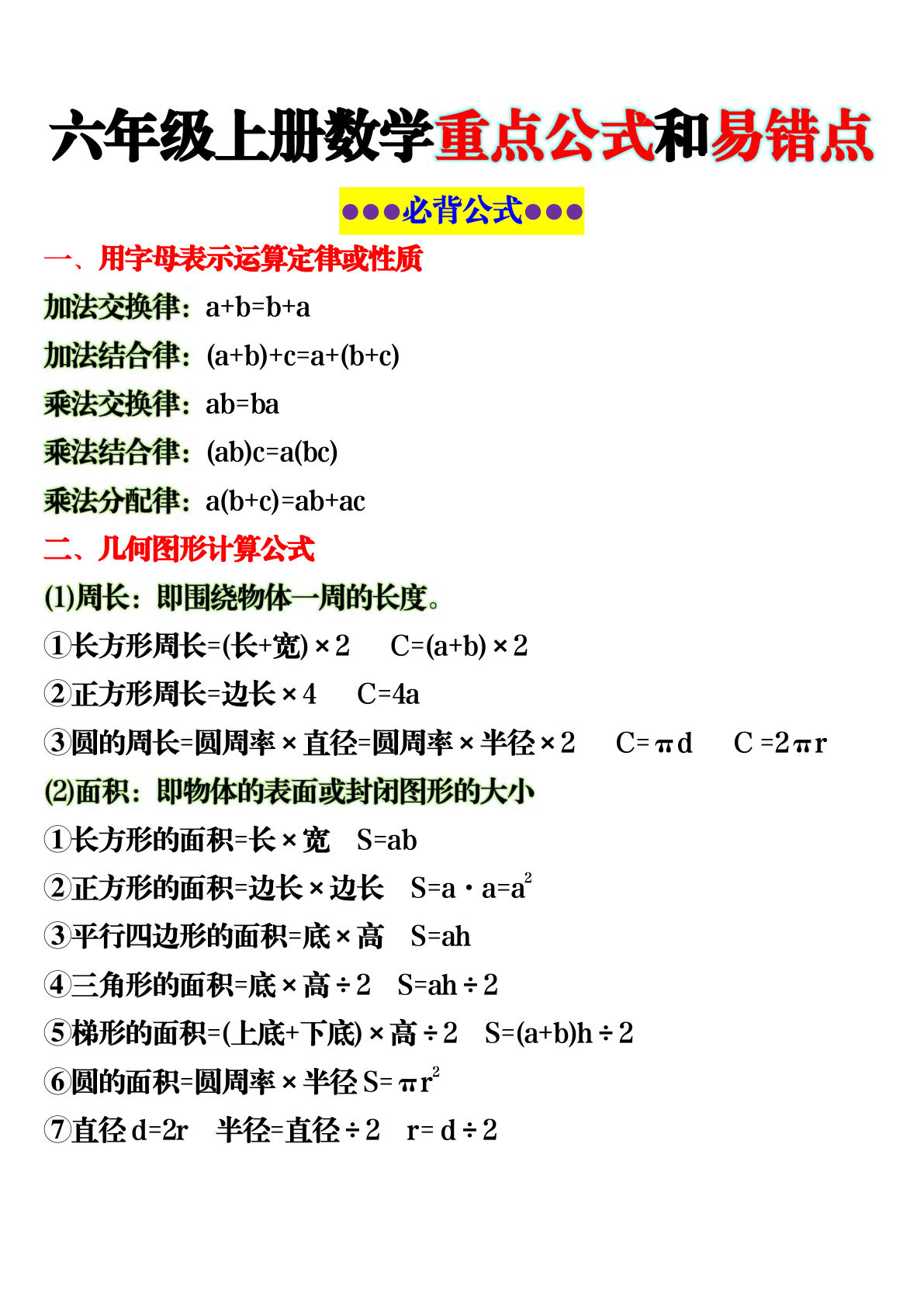 六年级上册数学重点公式和易错点6页