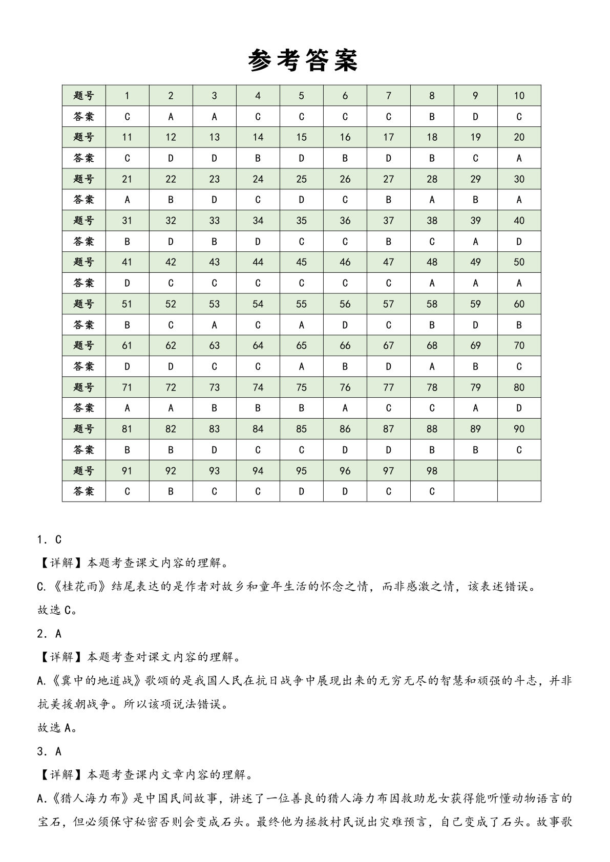 五年级上册语文期中【基础知识综合】-选择题 答案