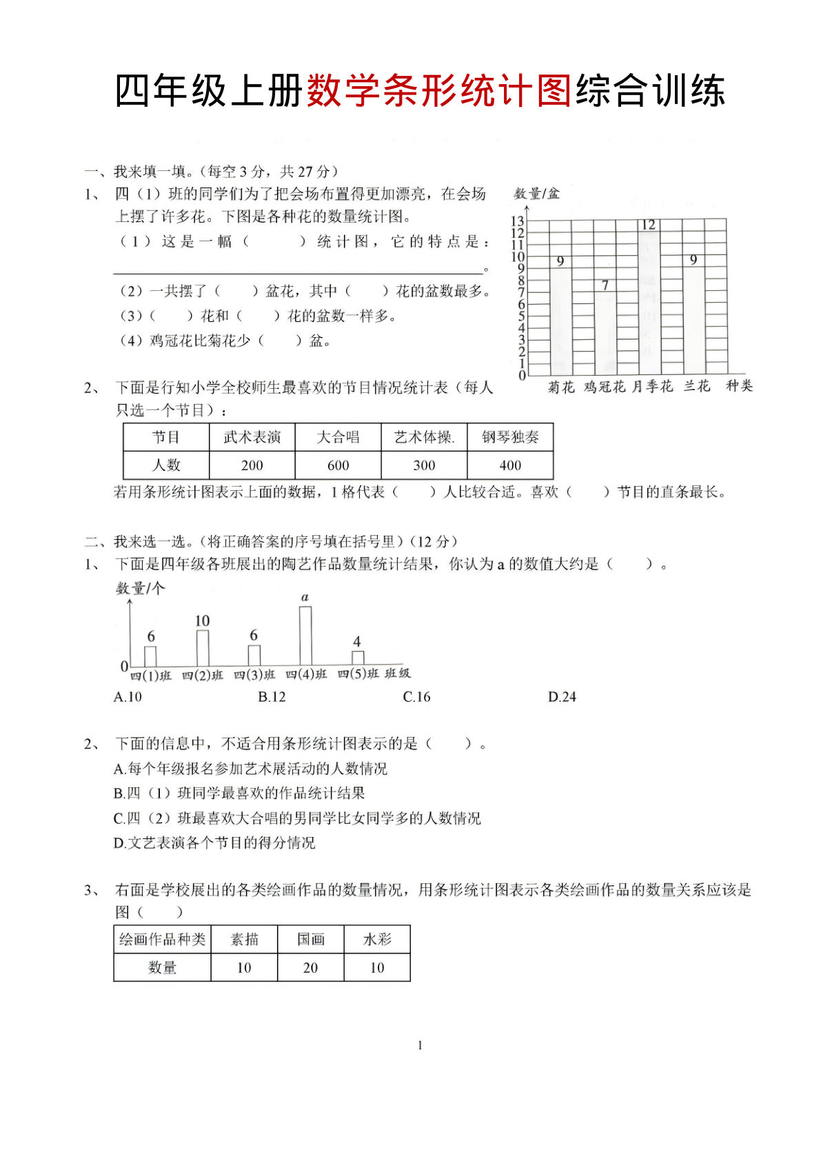 四年级上册数学条形统计图综合训练
