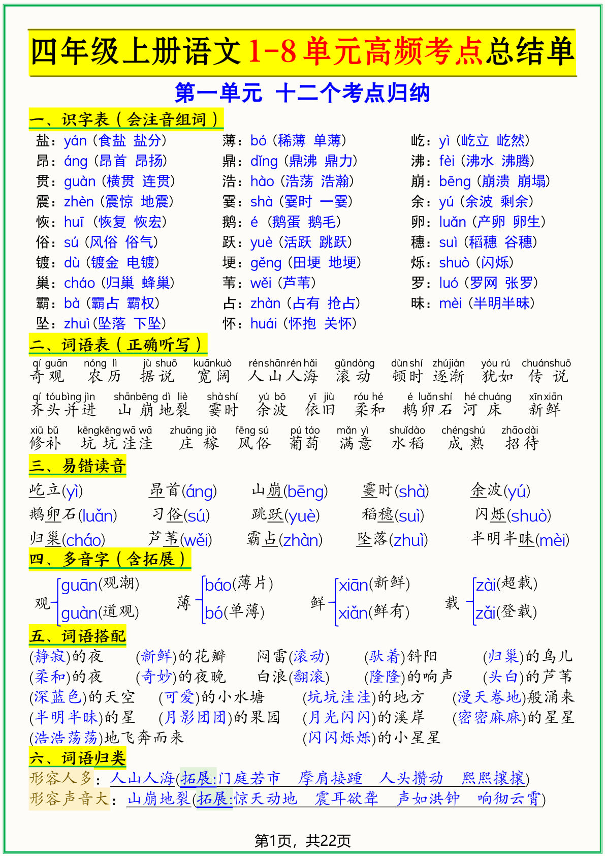 四年级上册语文【1-8单元高频考点总结单（22页）】