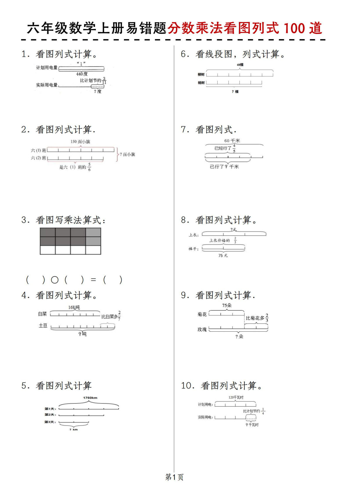 六年级上册苏教版数学【易错题分数乘法看图列式100道】