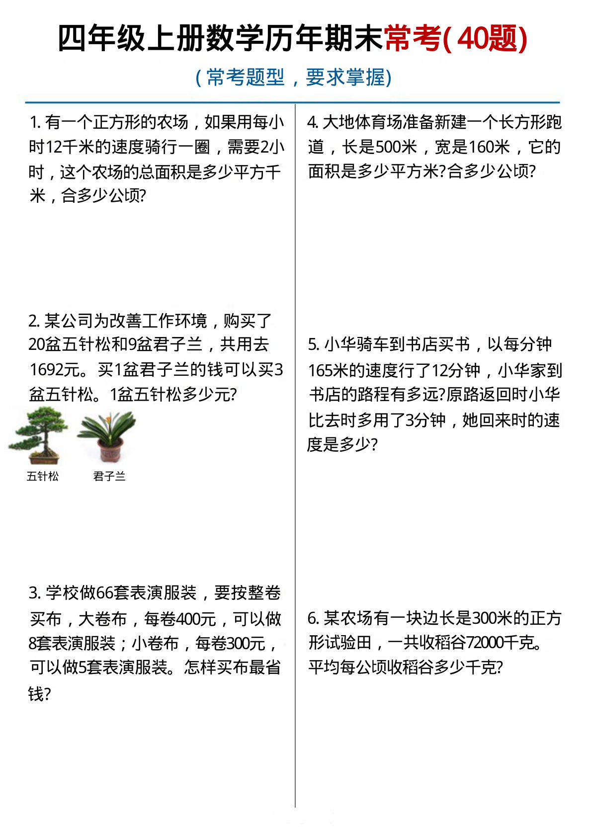 四年级上册通用版数学【历年期末常考（40题）】