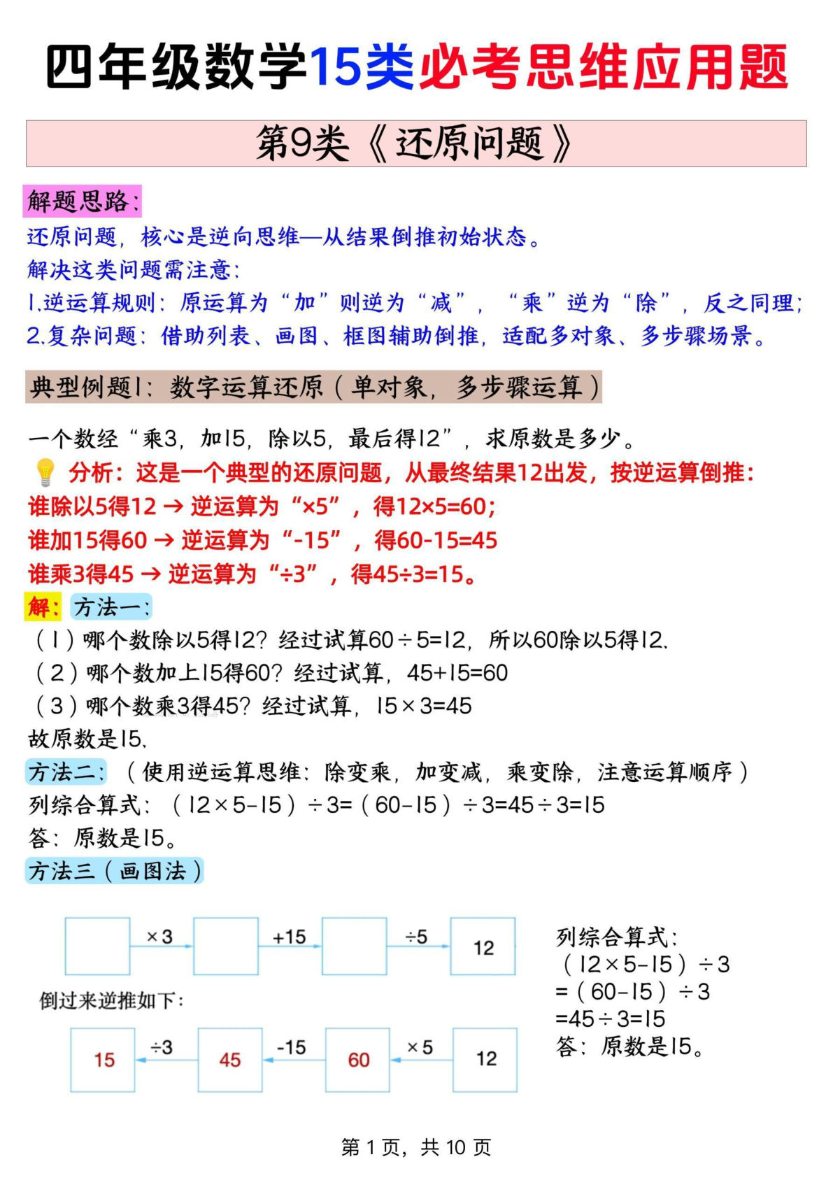 四年级上册通用版数学【思维训练题 9还原问题+答案】