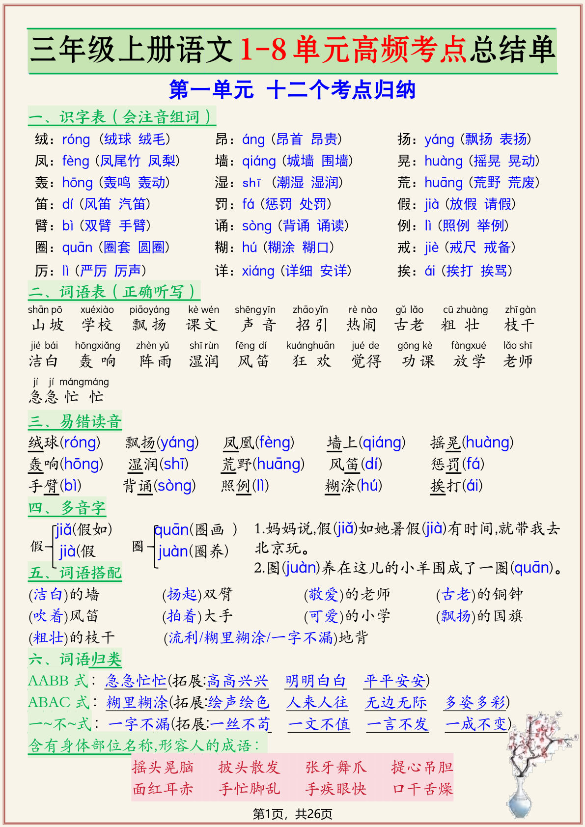 新三年级上册语文复习1-8单元高频考点总结单（26页）