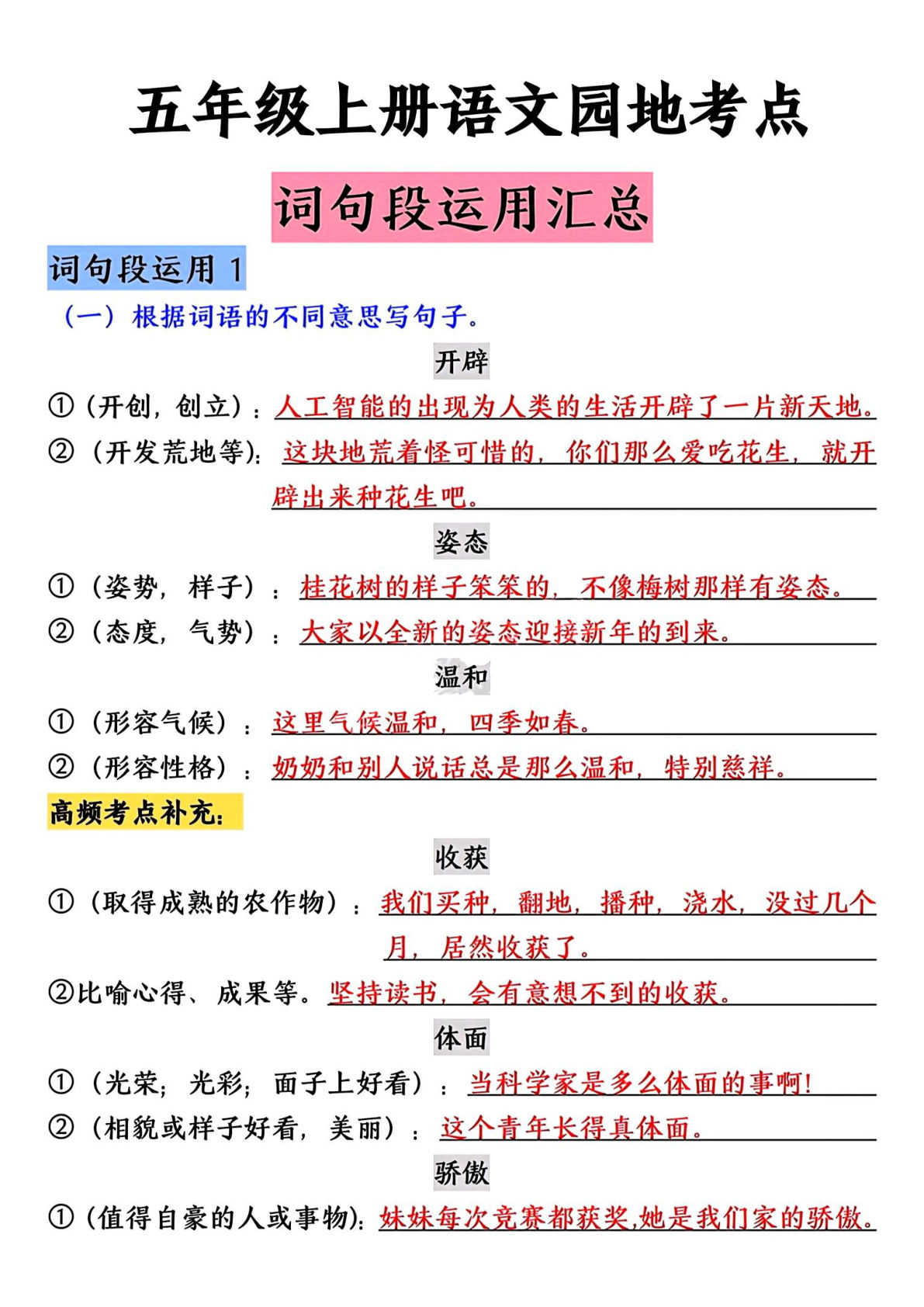 五年级上册语文【语文园地考点词句段运用汇总】