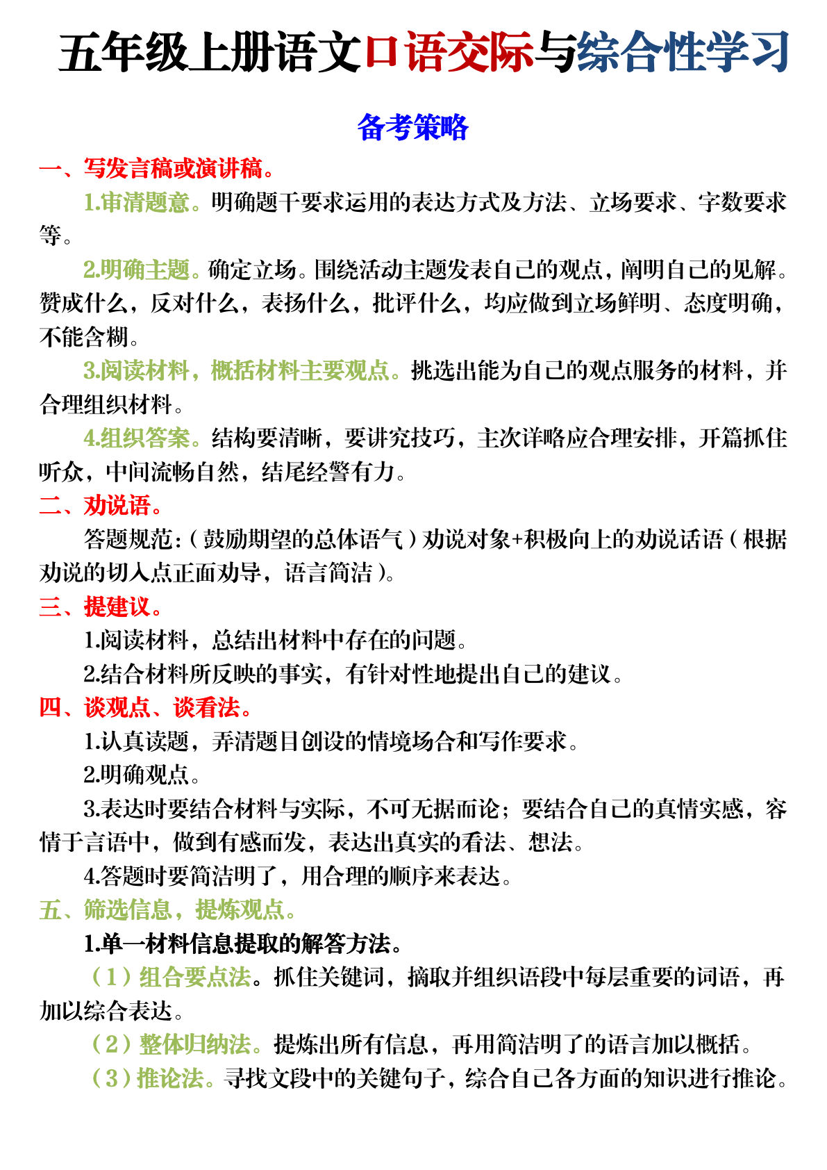 五年级上册语文【口语交际专项训练】