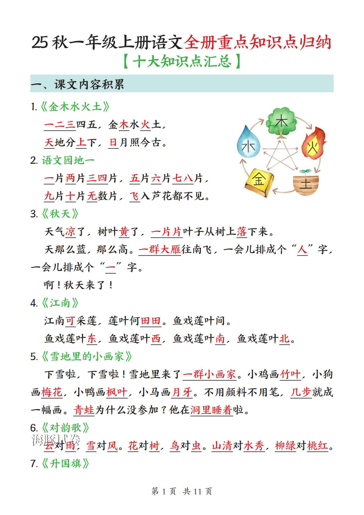 【海豚试卷】一年级上册语文全册重点知识点归纳