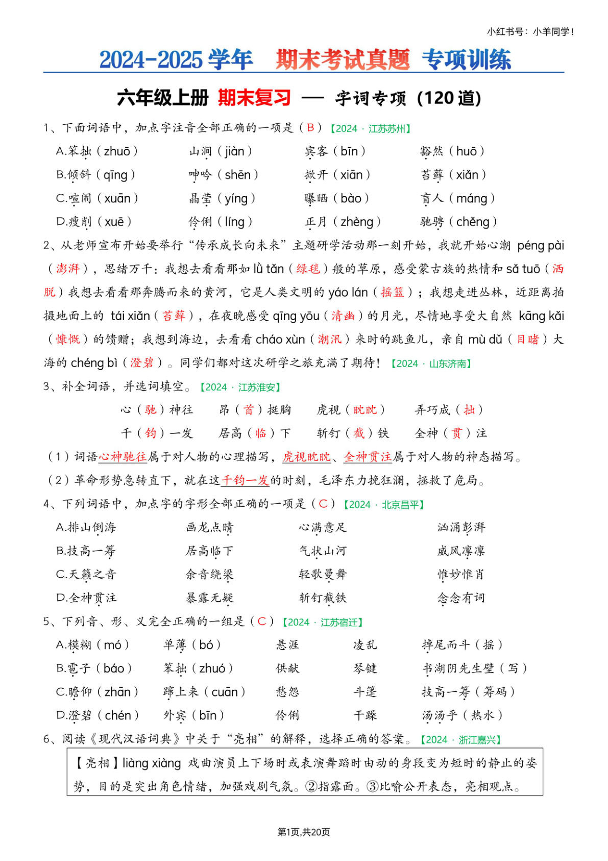 六年级上册期末专项练习—字词选择题(答案)