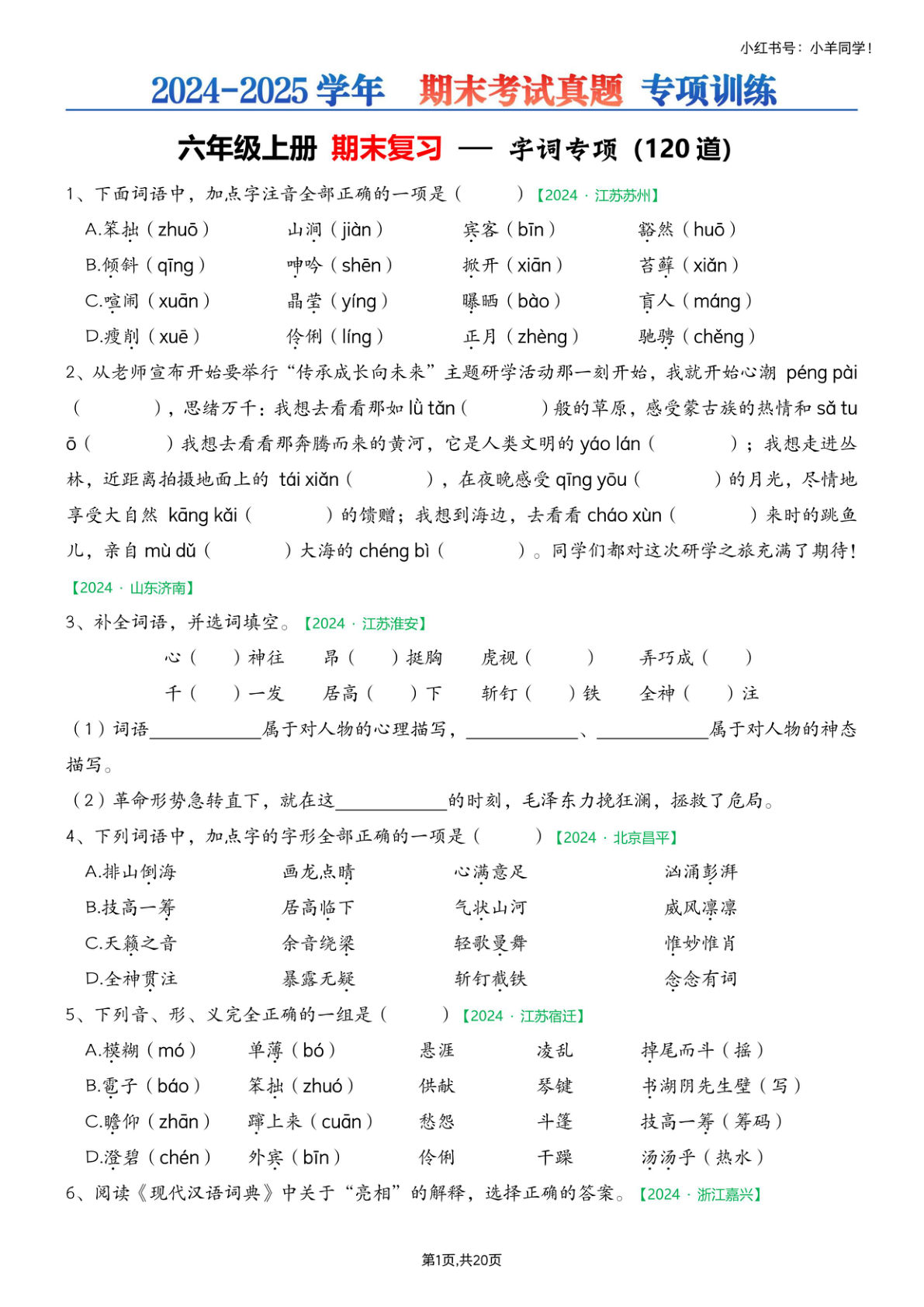 六年级上册期末专项练习—字词选择题(空白)